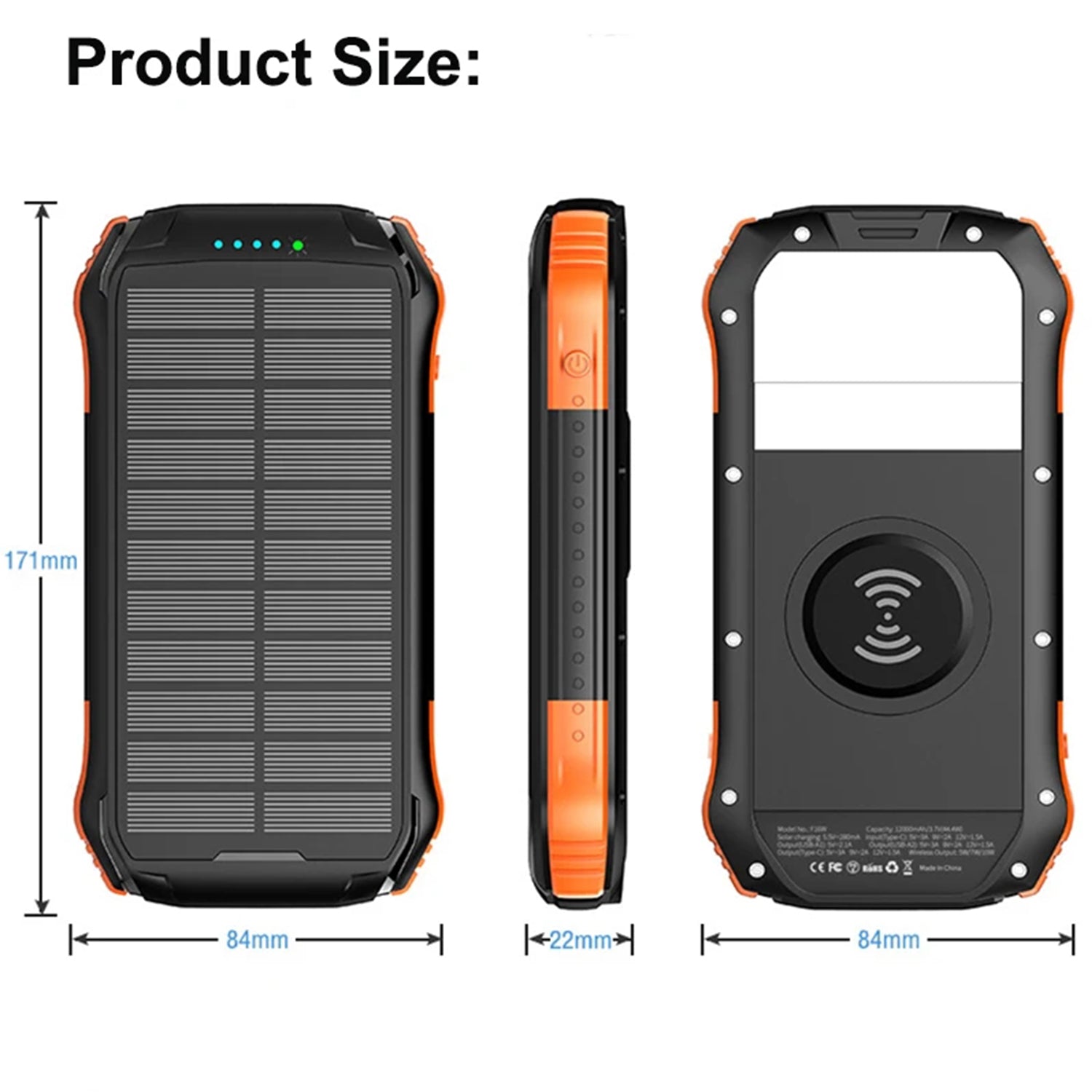 Wireless Charging PD&2USB Ports Waterproof 16000mAh Solar Charger Powr Bank with LED Light