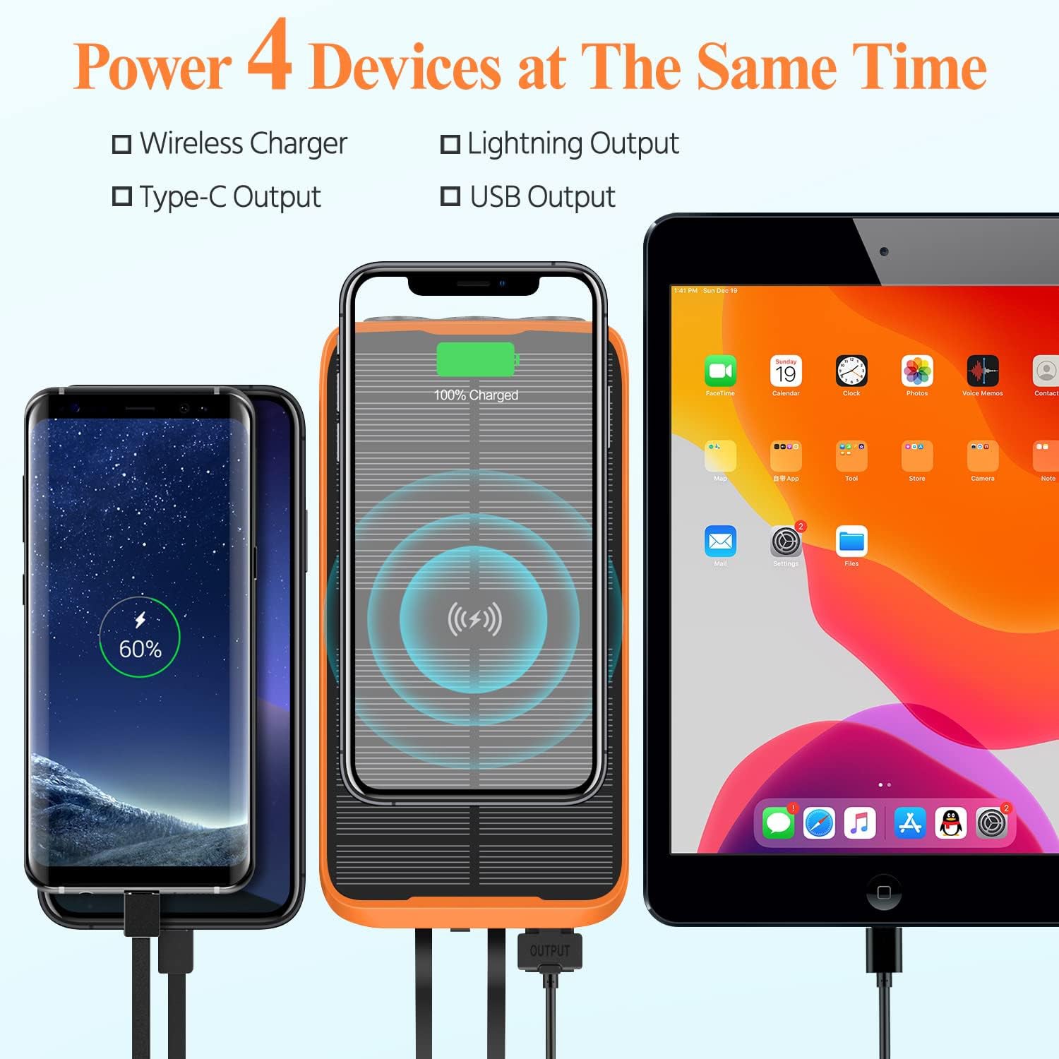 Solar fast charging with 3 LED lights and 3 cables ower bank support wireless-Orange