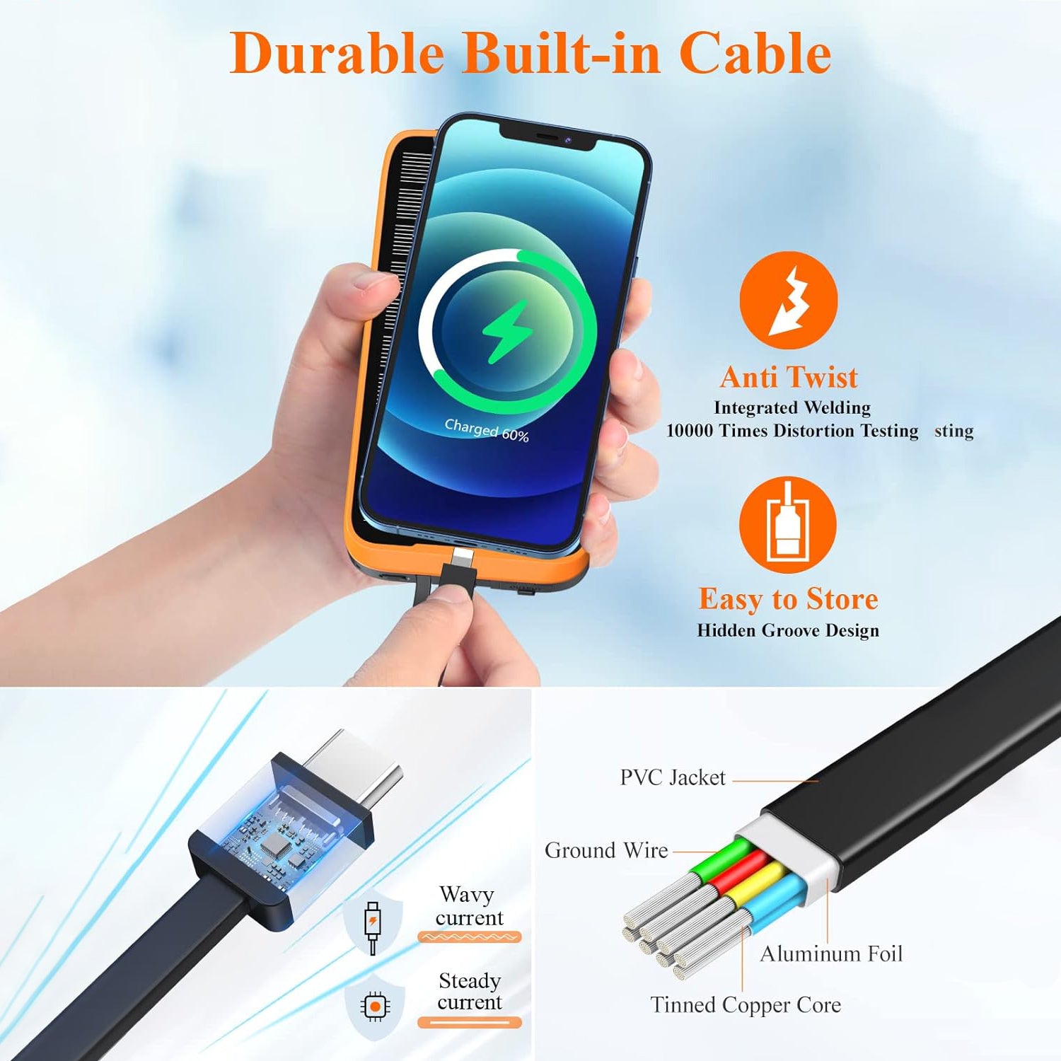 Solar fast charging with 3 LED lights and 3 cables ower bank support wireless-Orange