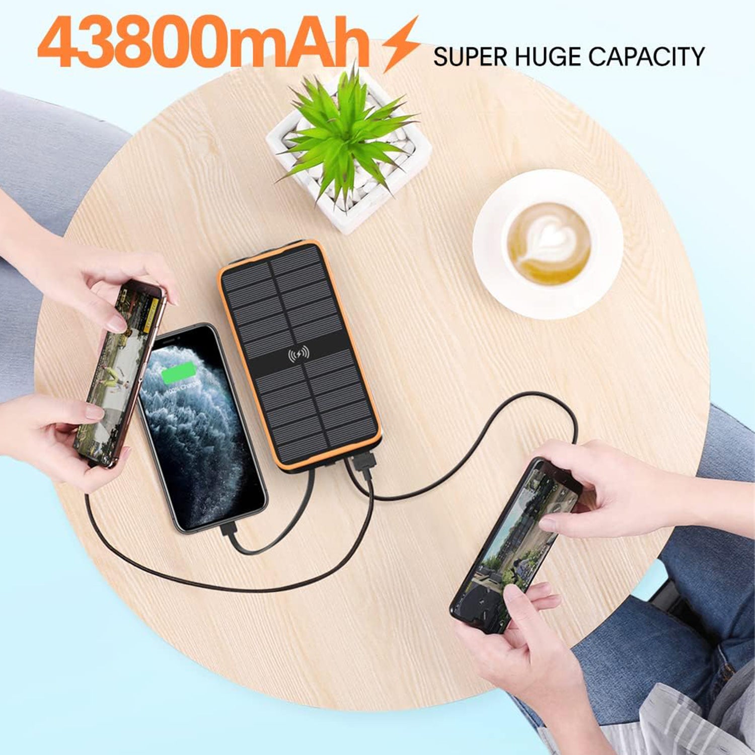 Solar fast charging with 3 LED lights and 3 cables ower bank support wireless-Orange