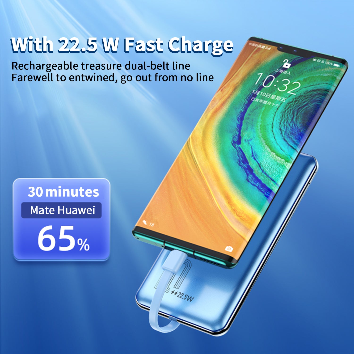 10000mAh 20W fast charging double self-contained cables power bank