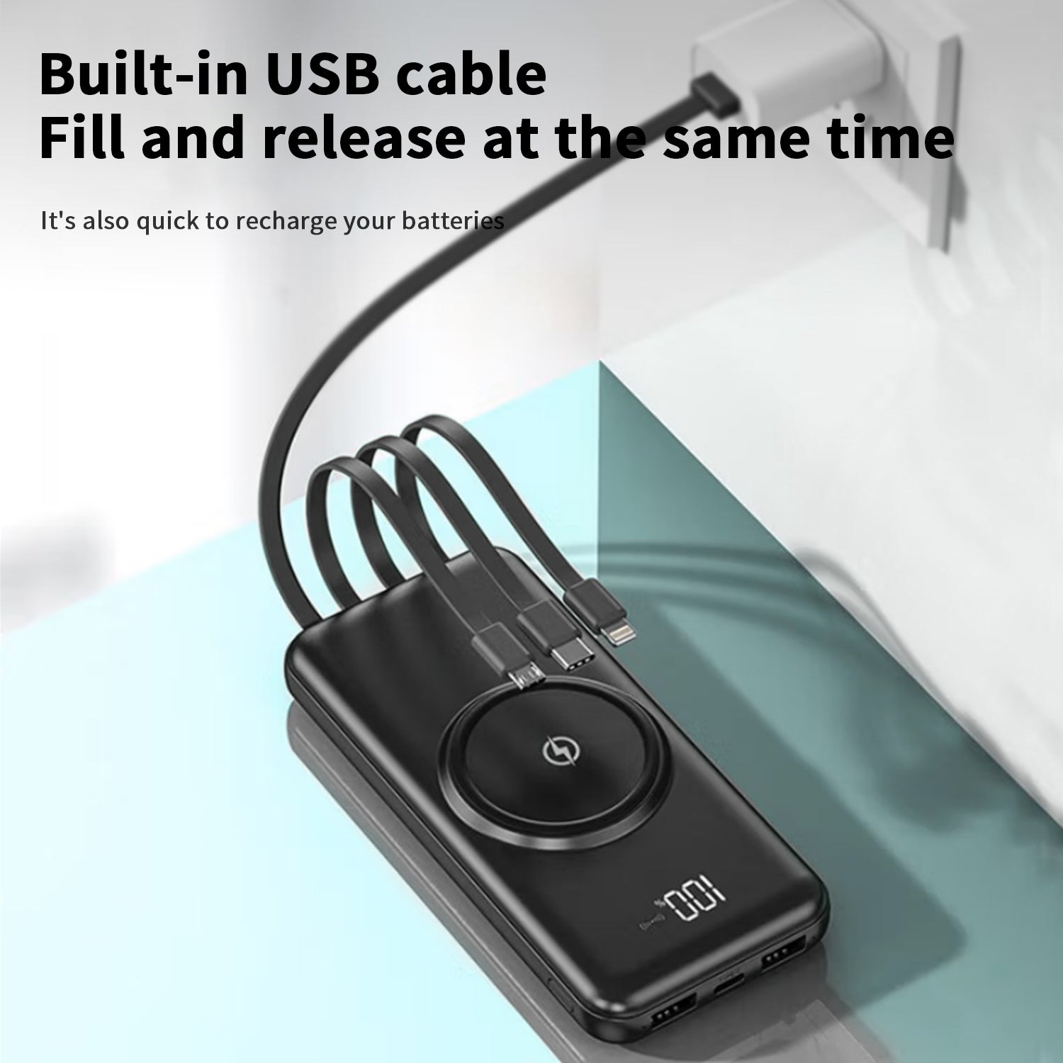 20000mAh Mobile wireless Power Bank with built-in charging cables(PD/ Type C /Lightning/Micro)