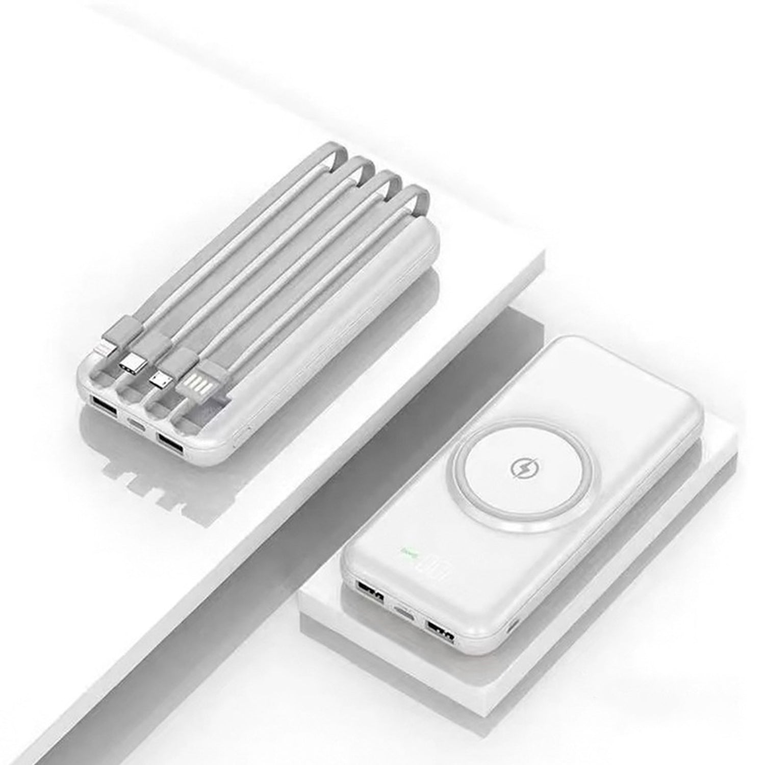 20000mAh Mobile wireless Power Bank with built-in charging cables(PD/ Type C /Lightning/Micro)