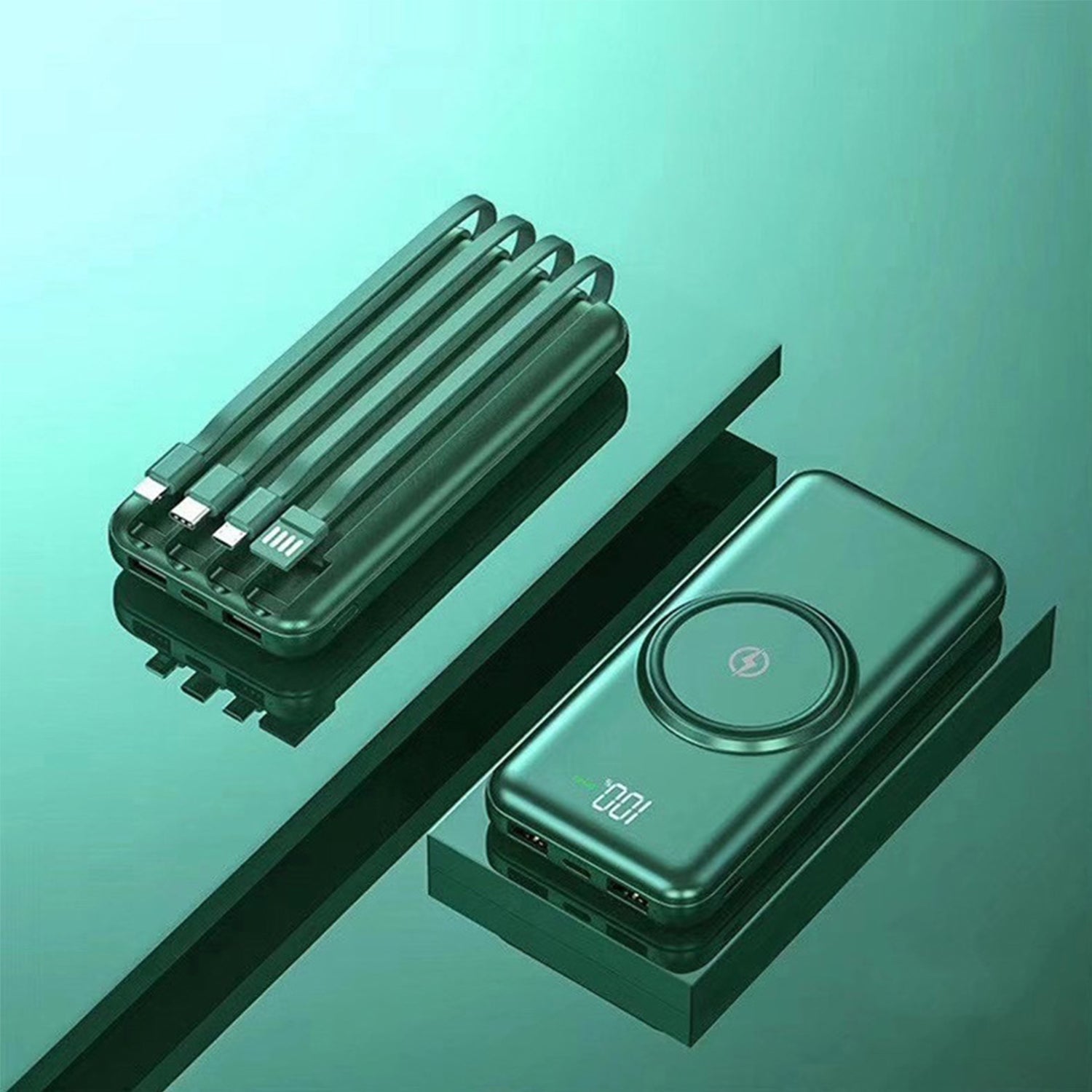 20000mAh Mobile wireless Power Bank with built-in charging cables(PD/ Type C /Lightning/Micro)