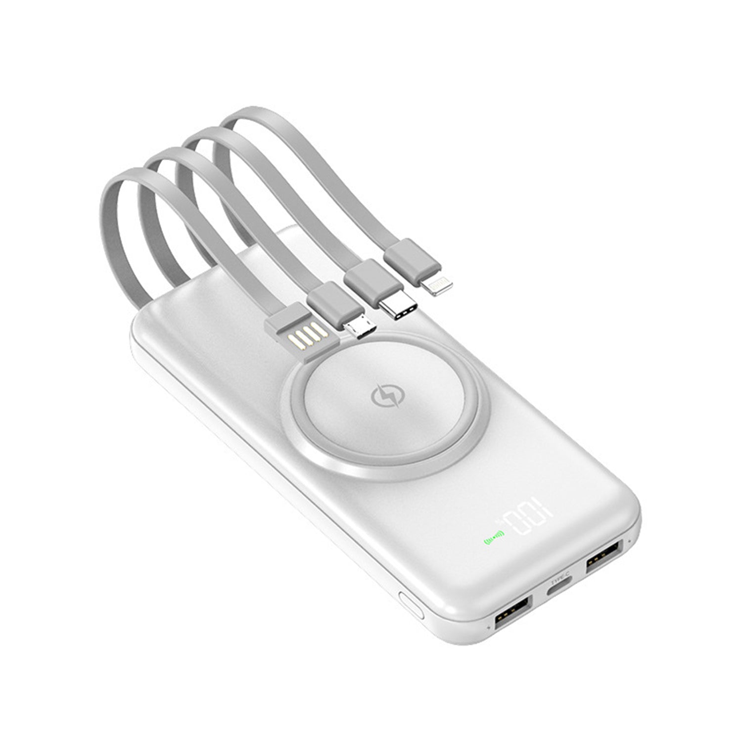 20000mAh Mobile wireless Power Bank with built-in charging cables(PD/ Type C /Lightning/Micro)