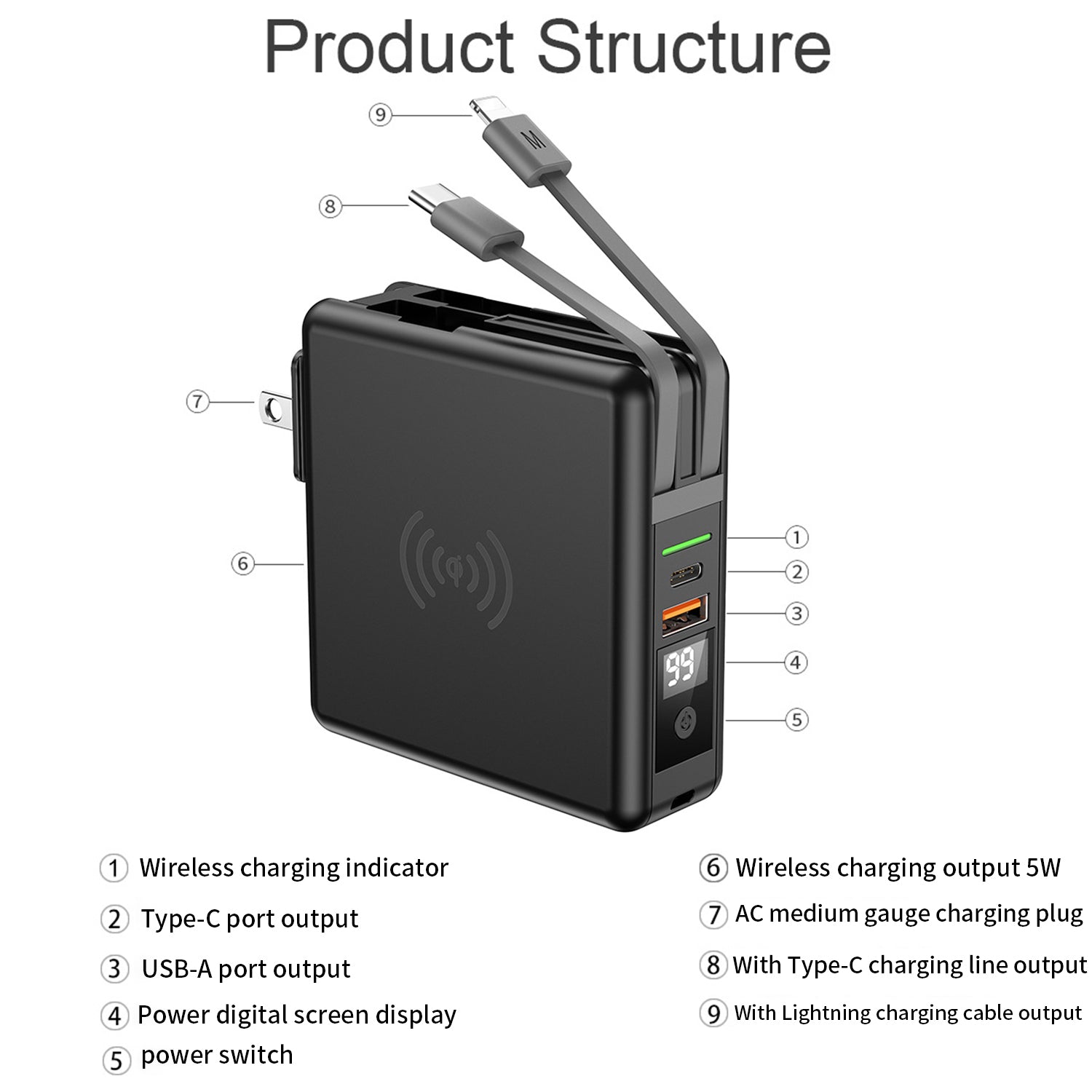 6700mAh self contained cable plug magnetic suction wireless charging bank