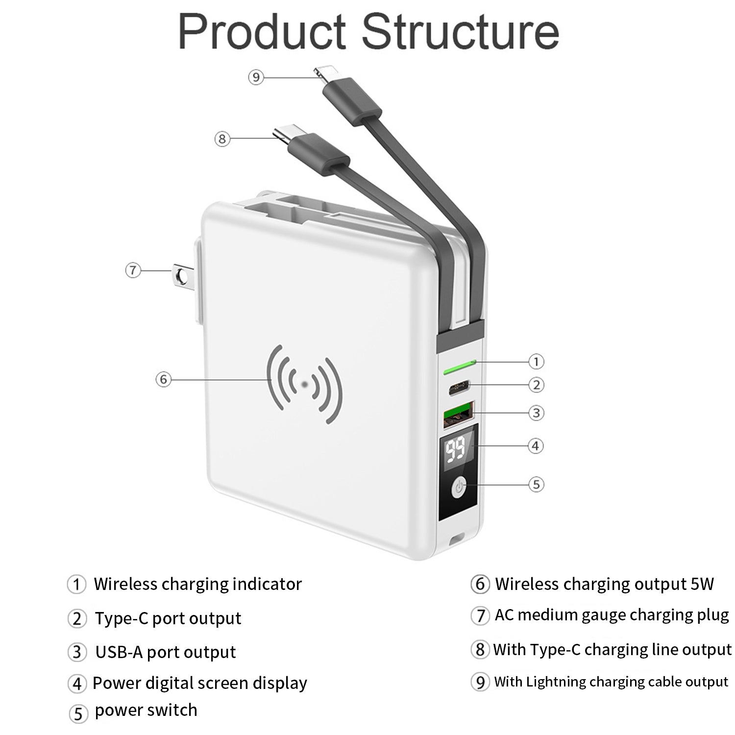 6700mAh self contained cable plug magnetic suction wireless charging bank