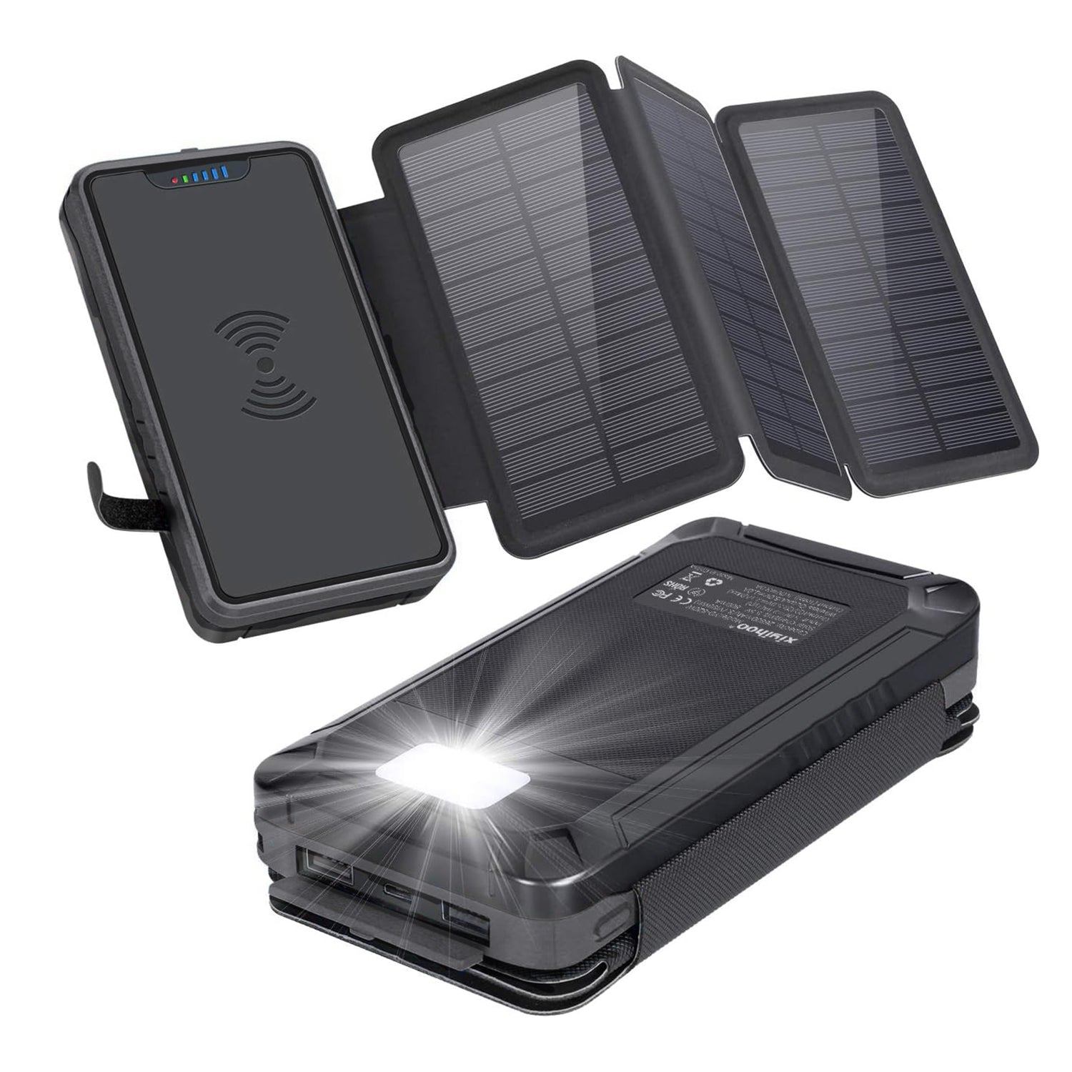 20000mAh Solar fast charging with  LED lights bank support wireless charging-Black