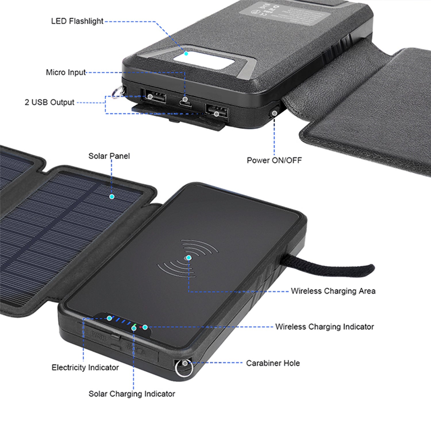 20000mAh Solar fast charging with  LED lights bank support wireless charging-Black