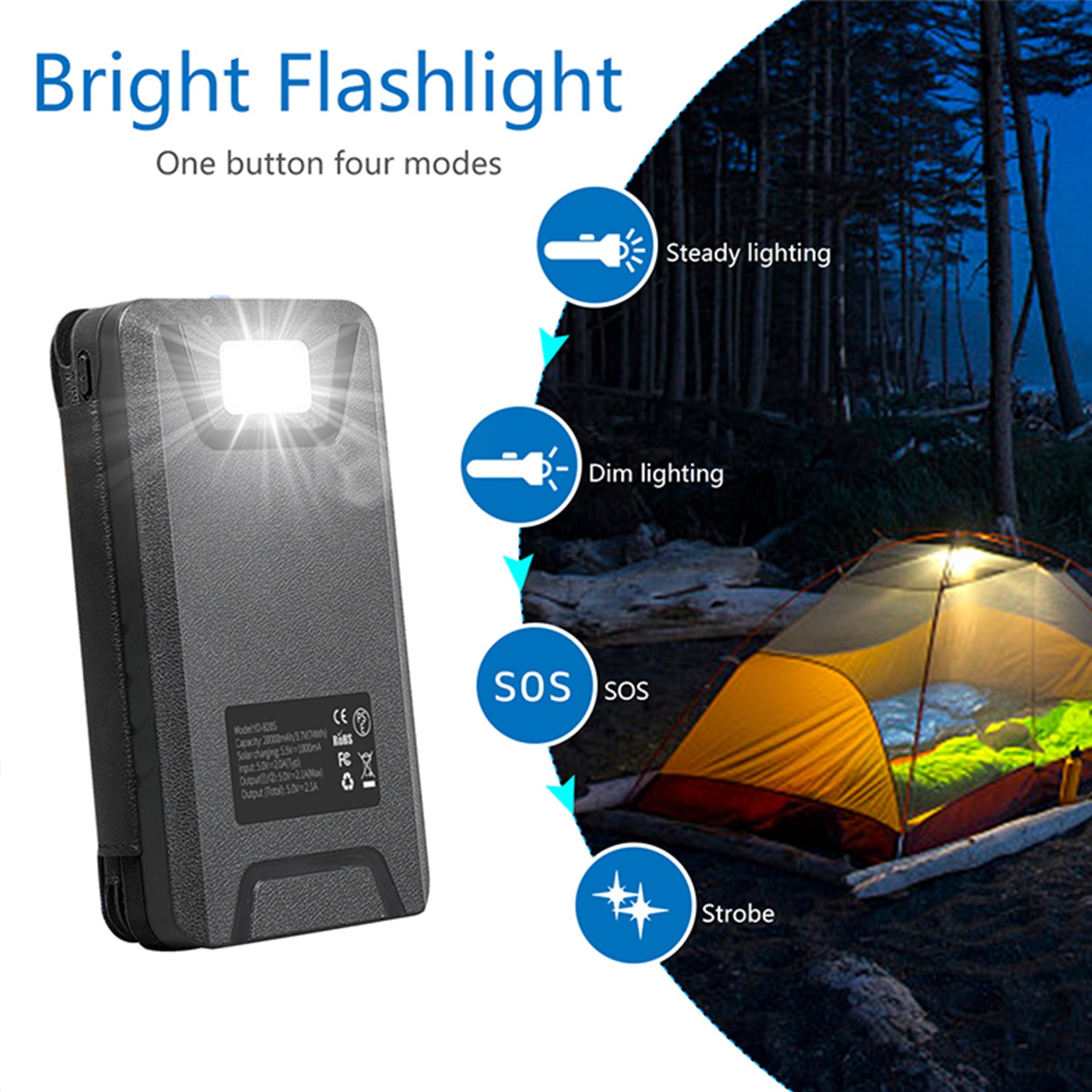20000mAh Solar fast charging with  LED lights bank support wireless charging-Black