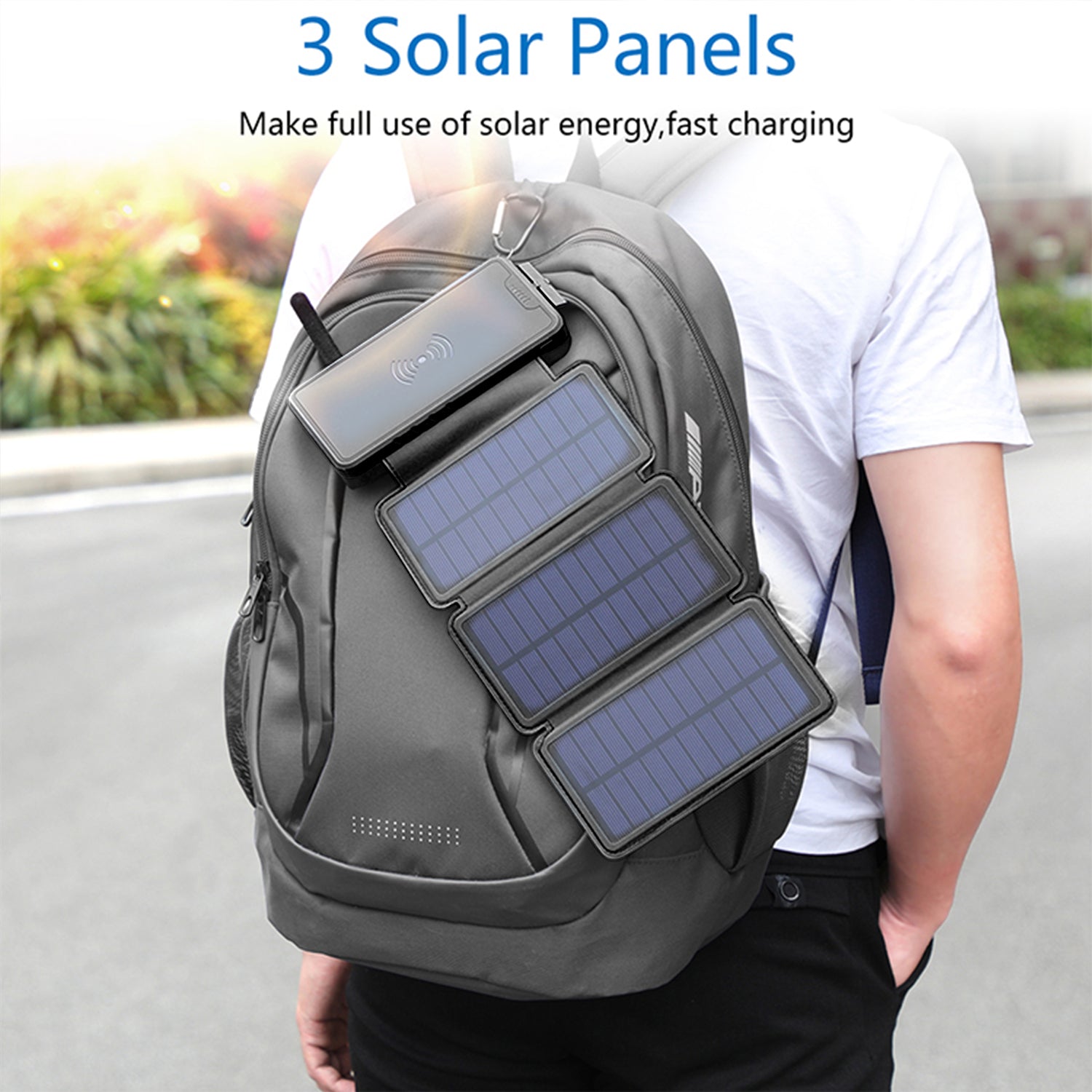 20000mAh Solar fast charging with  LED lights bank support wireless charging-Black