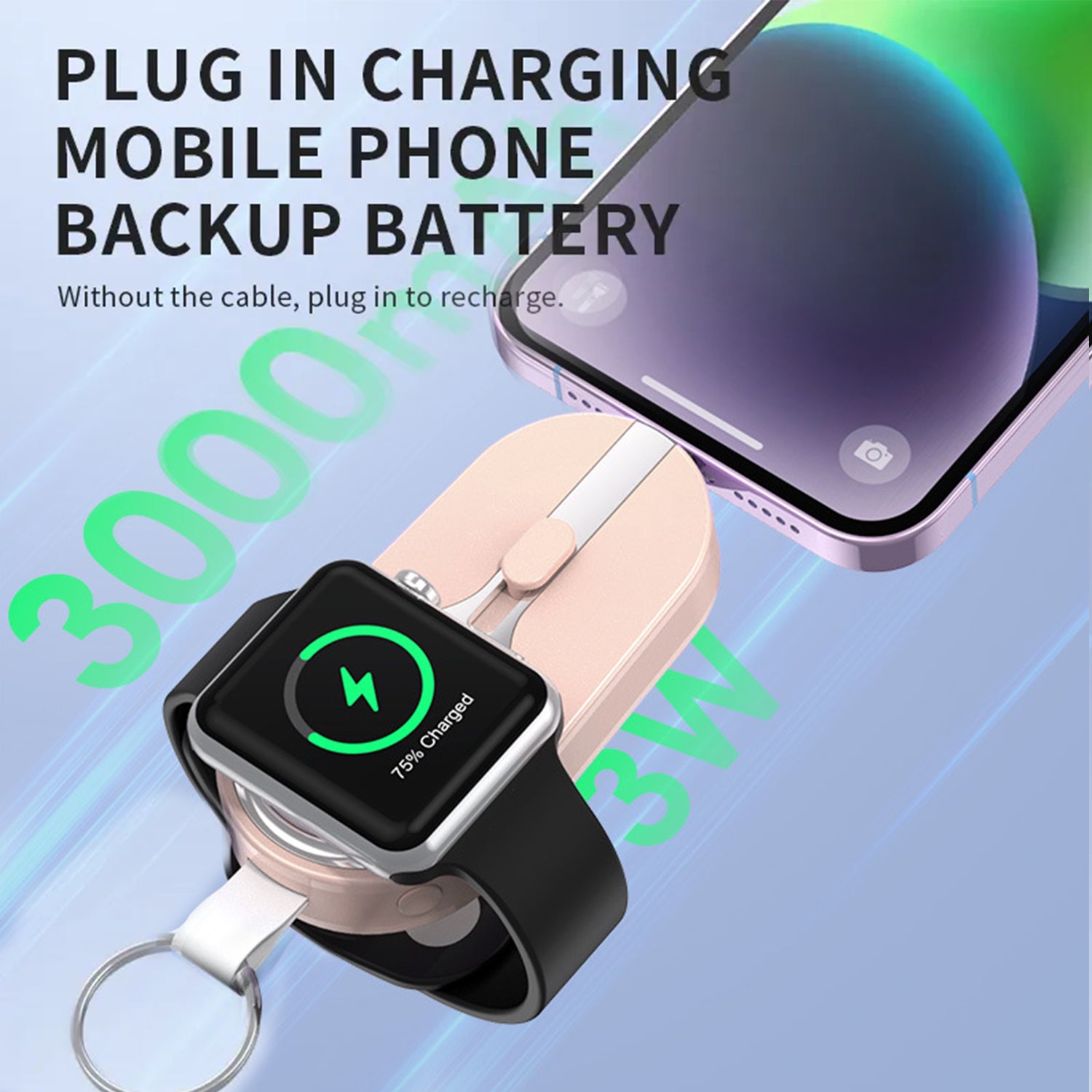 3000mAH Portable emergency Power Bank for Apple Watch Charger Key Chain Mobile Phone External Battery for iPhone15/iPhone15 Pro/iPhone15 Plus/iPhone15 Pro Max.