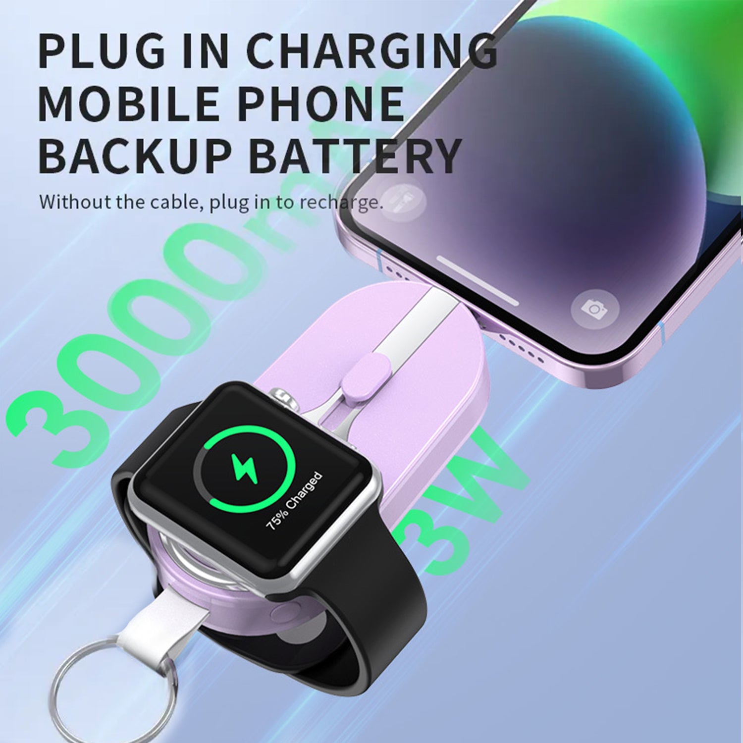 3000mAH Portable emergency Power Bank for Apple Watch Charger Key Chain Mobile Phone External Battery for iPhone15/iPhone15 Pro/iPhone15 Plus/iPhone15 Pro Max.
