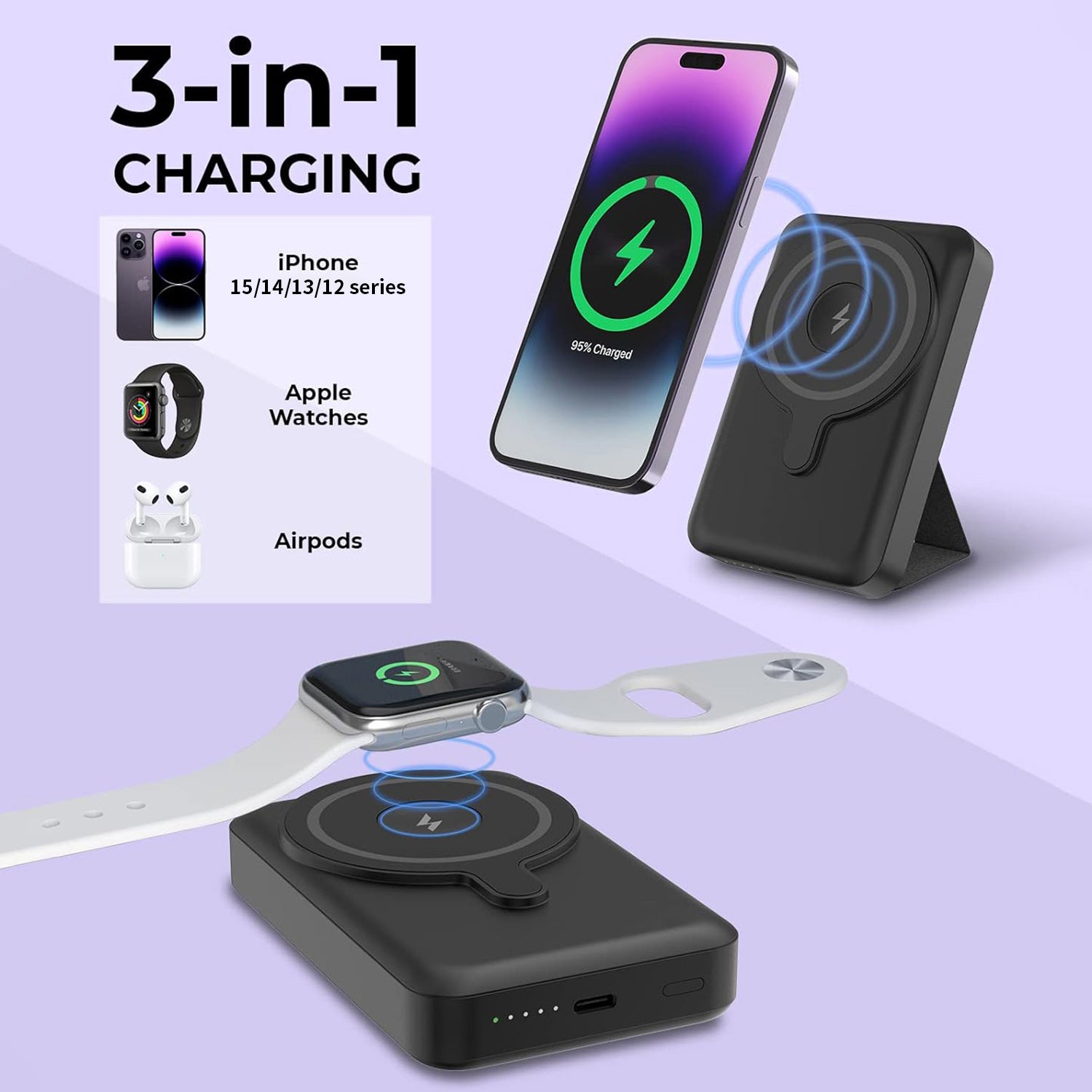 Magnetic Attraction Wireless Power Bank 10000mAh Portable Battery Charger Foldable Stand Fast Charging 15W Wireless & PD 22.5W USB-C for iPhone 15/14/13/12/12 Pro/13 Pro Max-Black