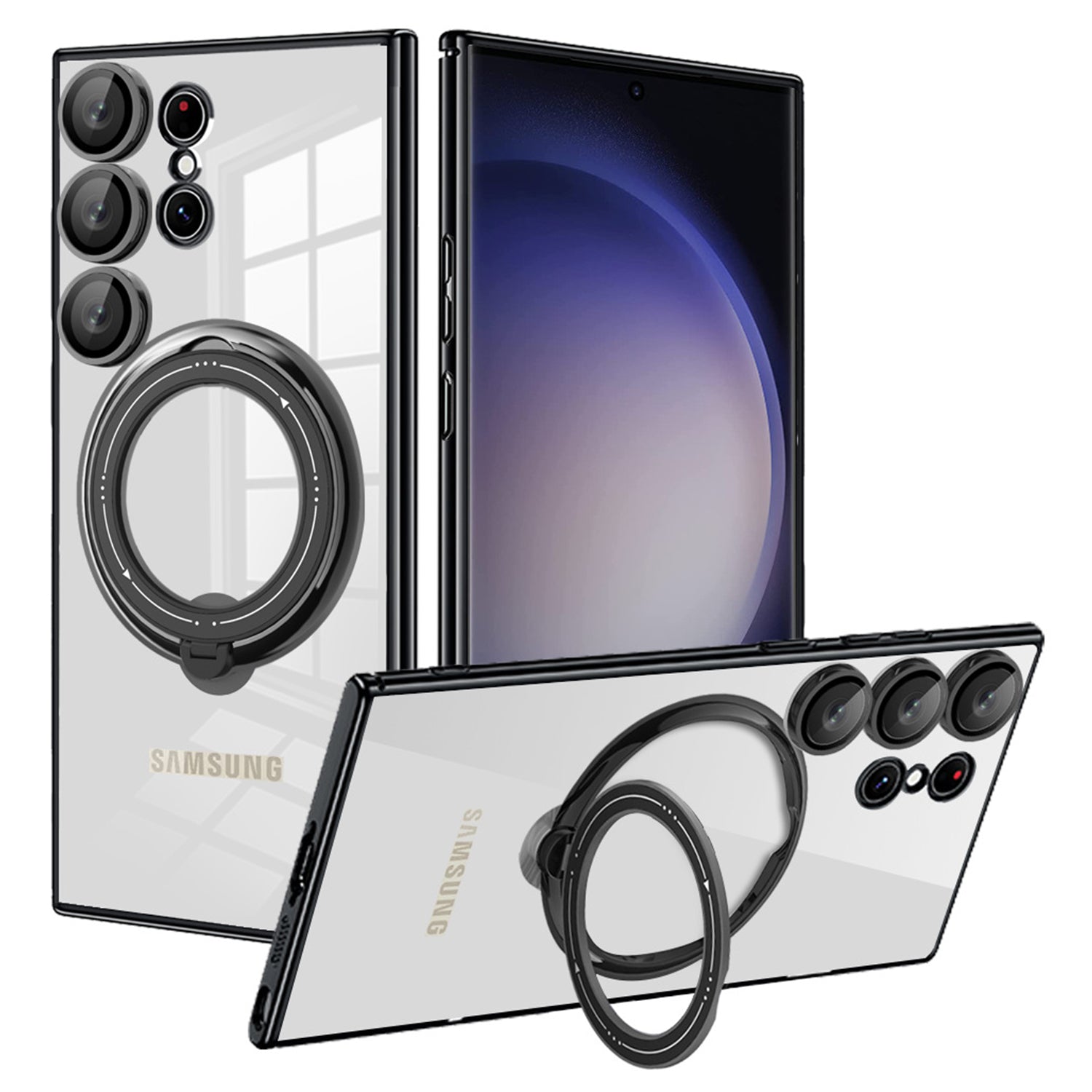 Samsung Galaxy S23 Ultra Electroplated Magnetic Transparent Anti Drop Bracket Ring Phone Case