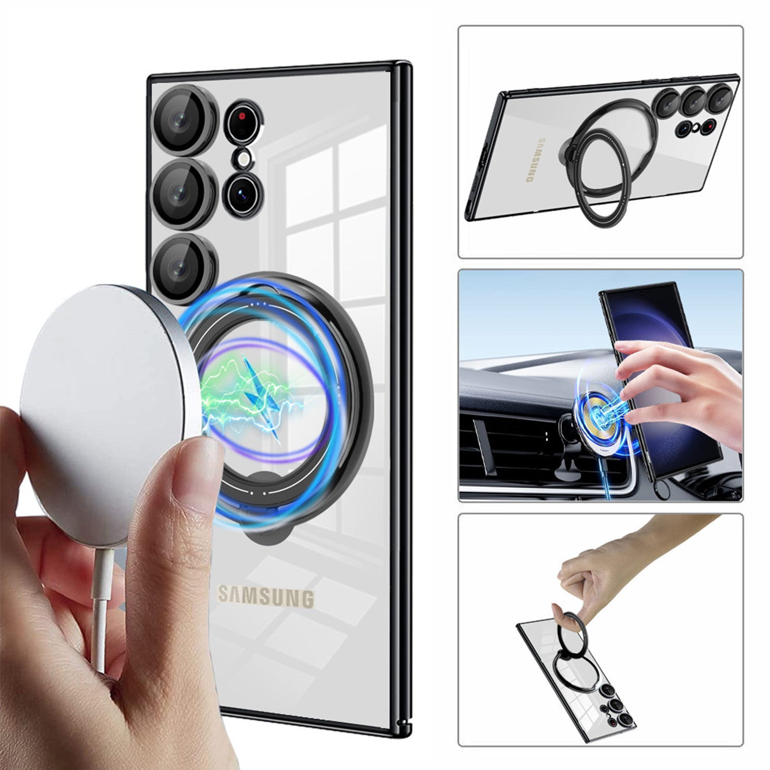 Samsung Galaxy S23 Ultra Electroplated Magnetic Transparent Anti Drop Bracket Ring Phone Case