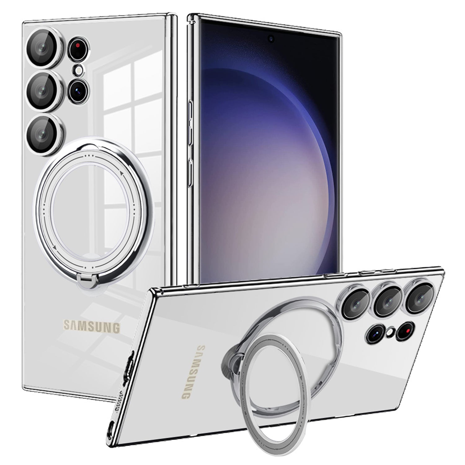 Samsung Galaxy S23 Ultra Electroplated Magnetic Transparent Anti Drop Bracket Ring Phone Case