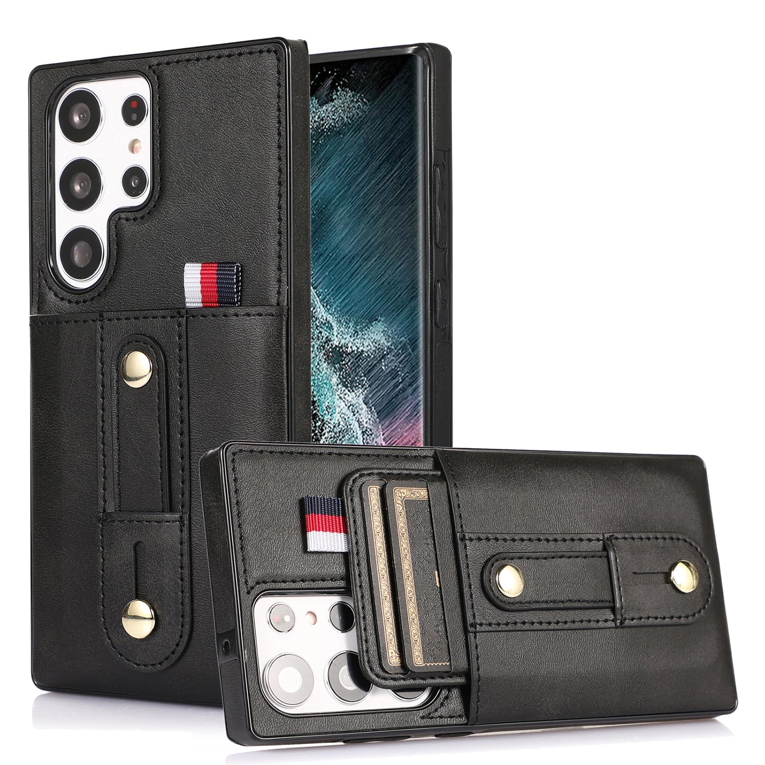 Samsung Galaxy S24 Ultra Shockproof，Anti-Fall Protective Case with Card Slots Ring Buckle Loop Strap Wallet Kickstand Cover