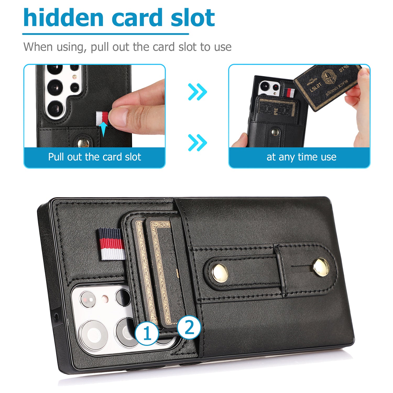 Samsung Galaxy S24 Ultra Shockproof，Anti-Fall Protective Case with Card Slots Ring Buckle Loop Strap Wallet Kickstand Cover