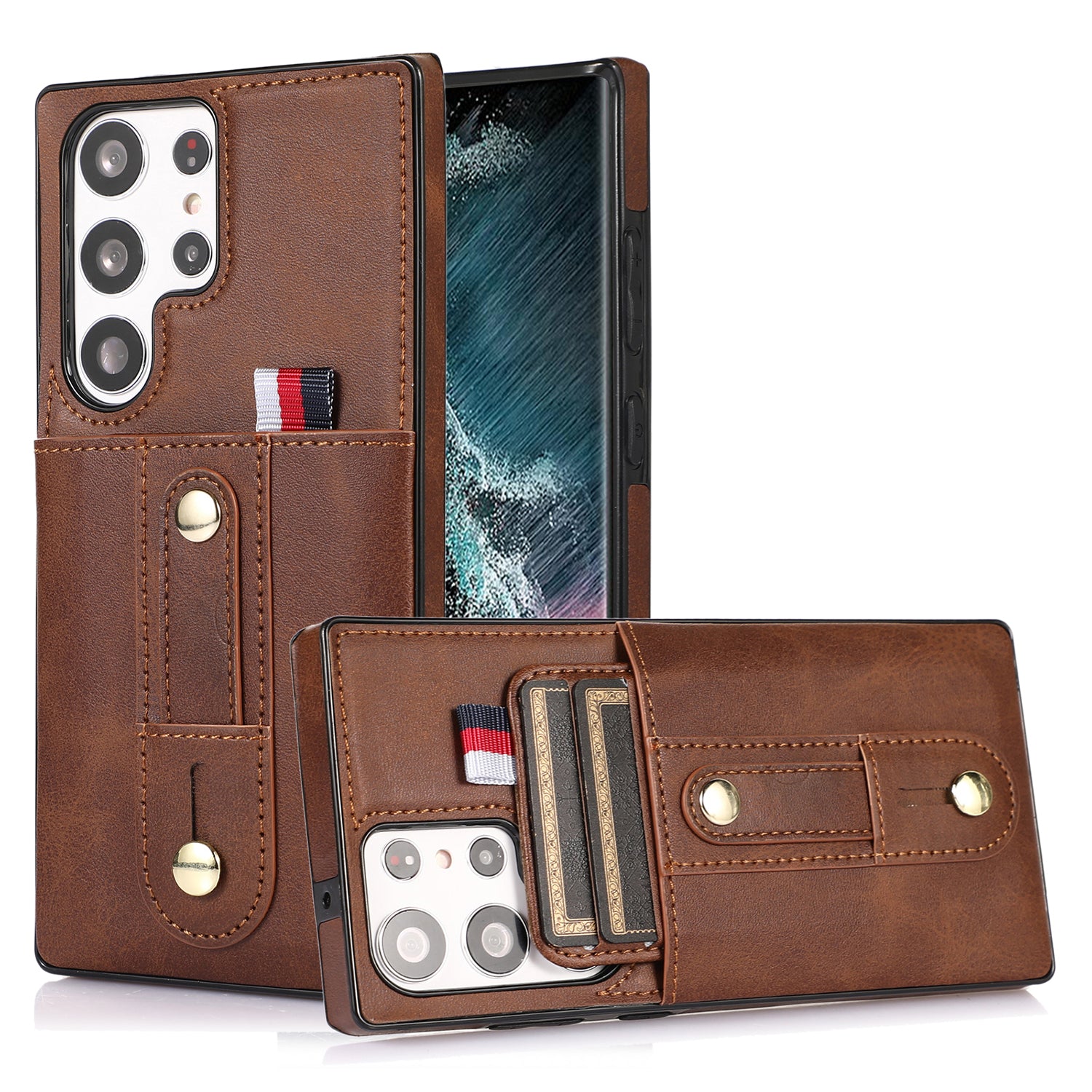 Samsung Galaxy S24 Ultra Shockproof，Anti-Fall Protective Case with Card Slots Ring Buckle Loop Strap Wallet Kickstand Cover