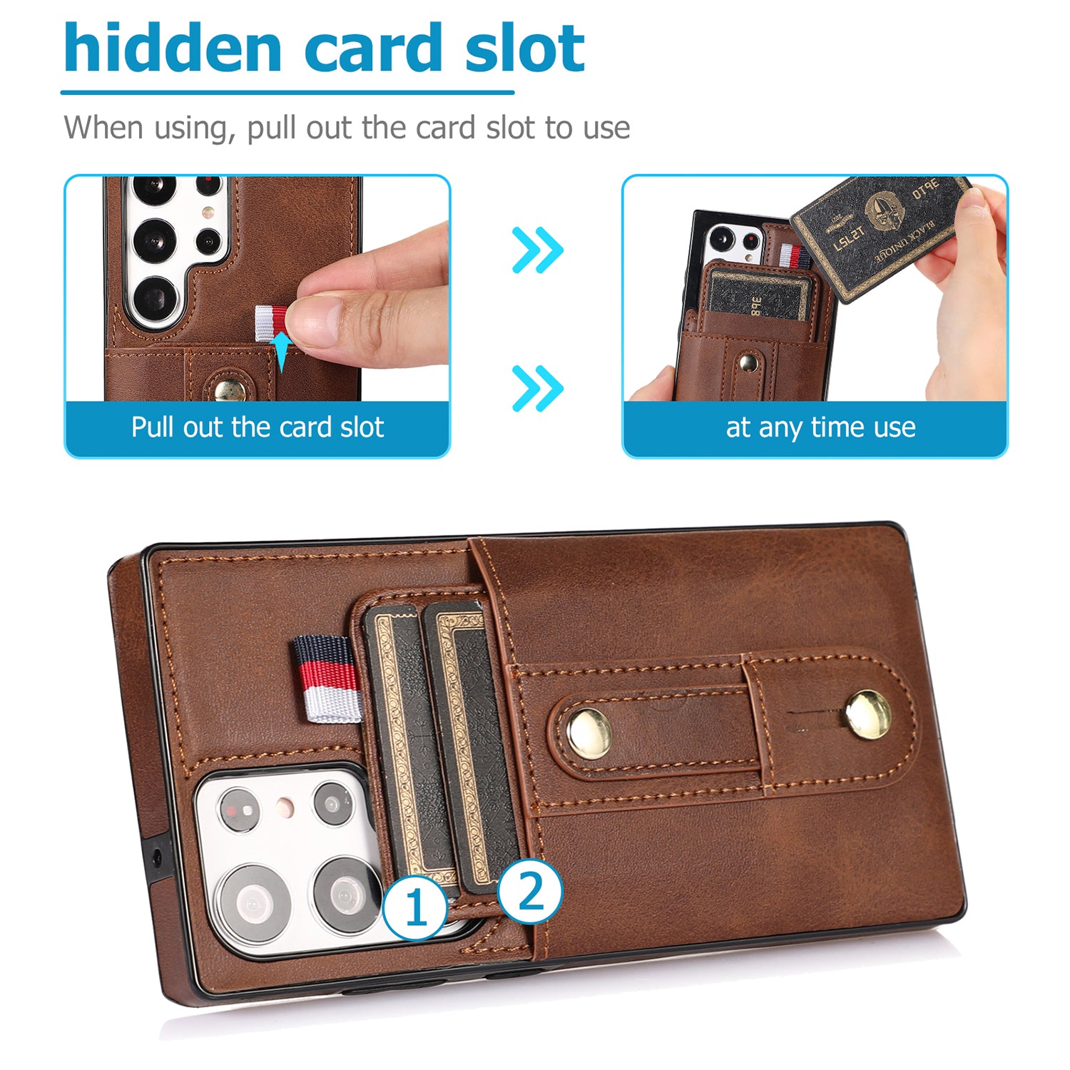 Samsung Galaxy S24 Ultra Shockproof，Anti-Fall Protective Case with Card Slots Ring Buckle Loop Strap Wallet Kickstand Cover