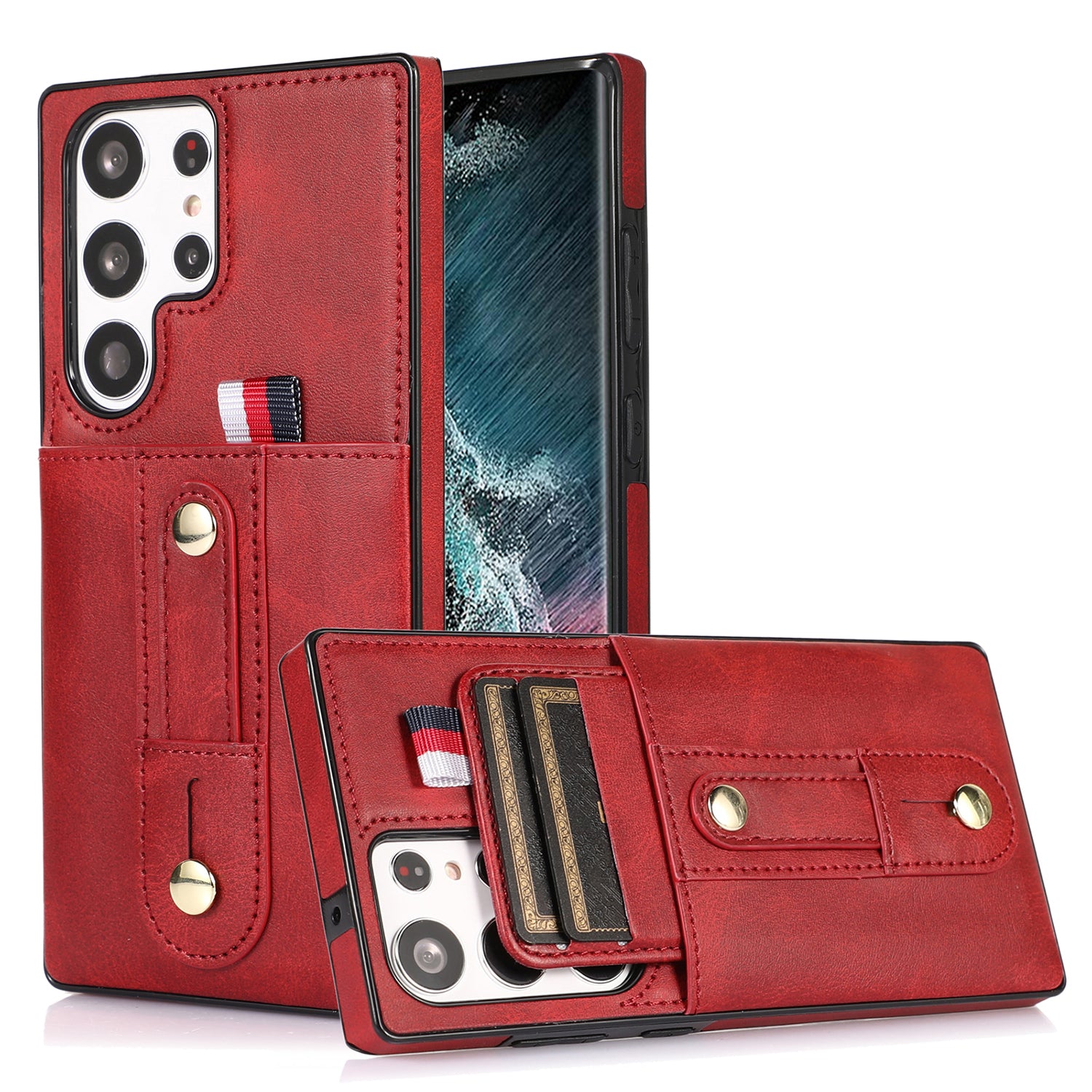 Samsung Galaxy S24 Ultra Shockproof，Anti-Fall Protective Case with Card Slots Ring Buckle Loop Strap Wallet Kickstand Cover