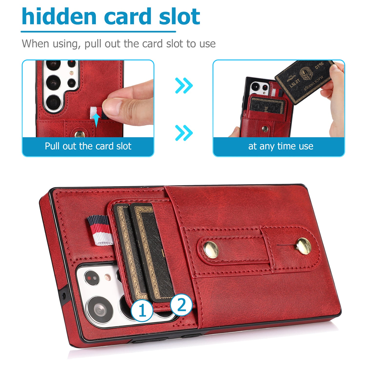 Samsung Galaxy S24 Ultra Shockproof，Anti-Fall Protective Case with Card Slots Ring Buckle Loop Strap Wallet Kickstand Cover