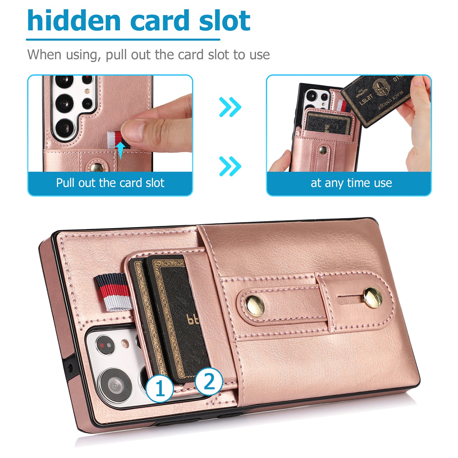 Samsung Galaxy S24 Ultra Shockproof，Anti-Fall Protective Case with Card Slots Ring Buckle Loop Strap Wallet Kickstand Cover