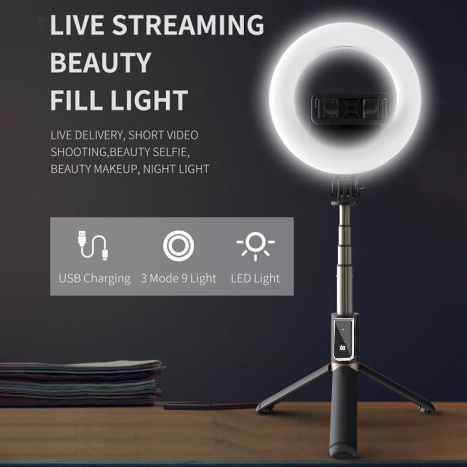 Tripod Bluetooth 360 Degree Rotation Self Timer with Remote Control and Fill-in Light for ios&Android - White