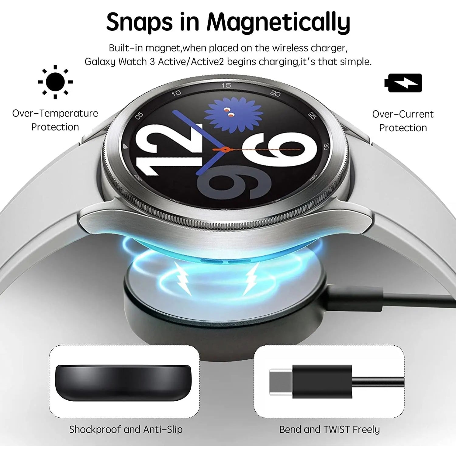 Samsung Galaxy Watch 3/4/watch 5 Pro Watch Type-C Cable Magnetic Wireless Charging Cradle Dock Adapter-Black