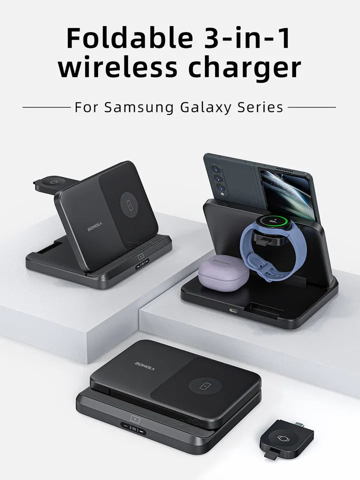 Foldable 3-in-1 wireless magnetic fast charger for Z Fold & Flip Samsung smart watch and Samsung tablet-Black