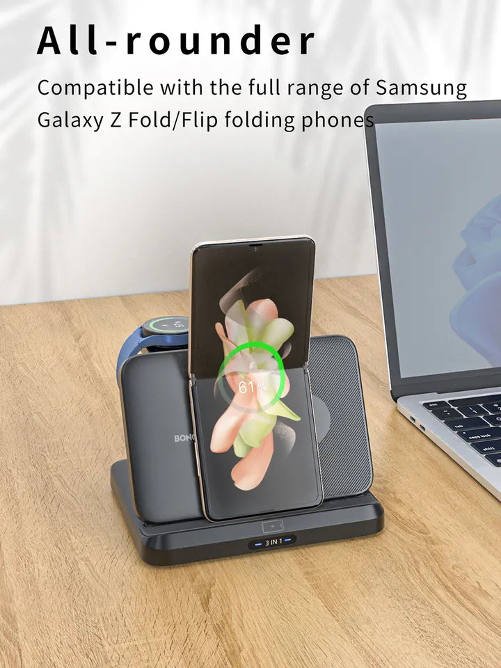 Foldable 3-in-1 wireless magnetic fast charger for Z Fold & Flip Samsung smart watch and Samsung tablet-Black