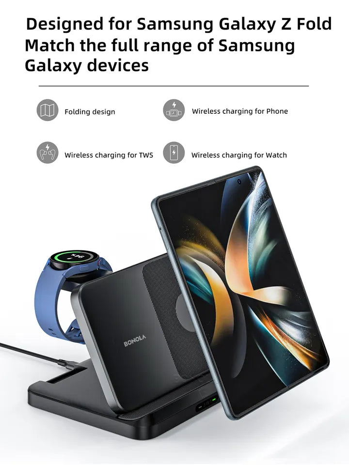 Foldable 3-in-1 wireless magnetic fast charger for Z Fold & Flip Samsung smart watch and Samsung tablet-Black