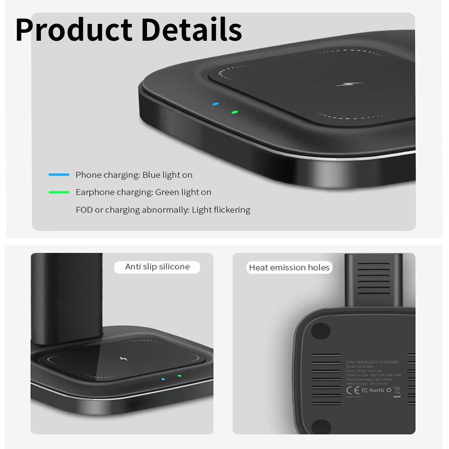 3in1 Charging Station for Smart Phone.Wireless Charging Station for Multiple Devices,Phone and Watch,Earphone Charger Dock with Stand-Black