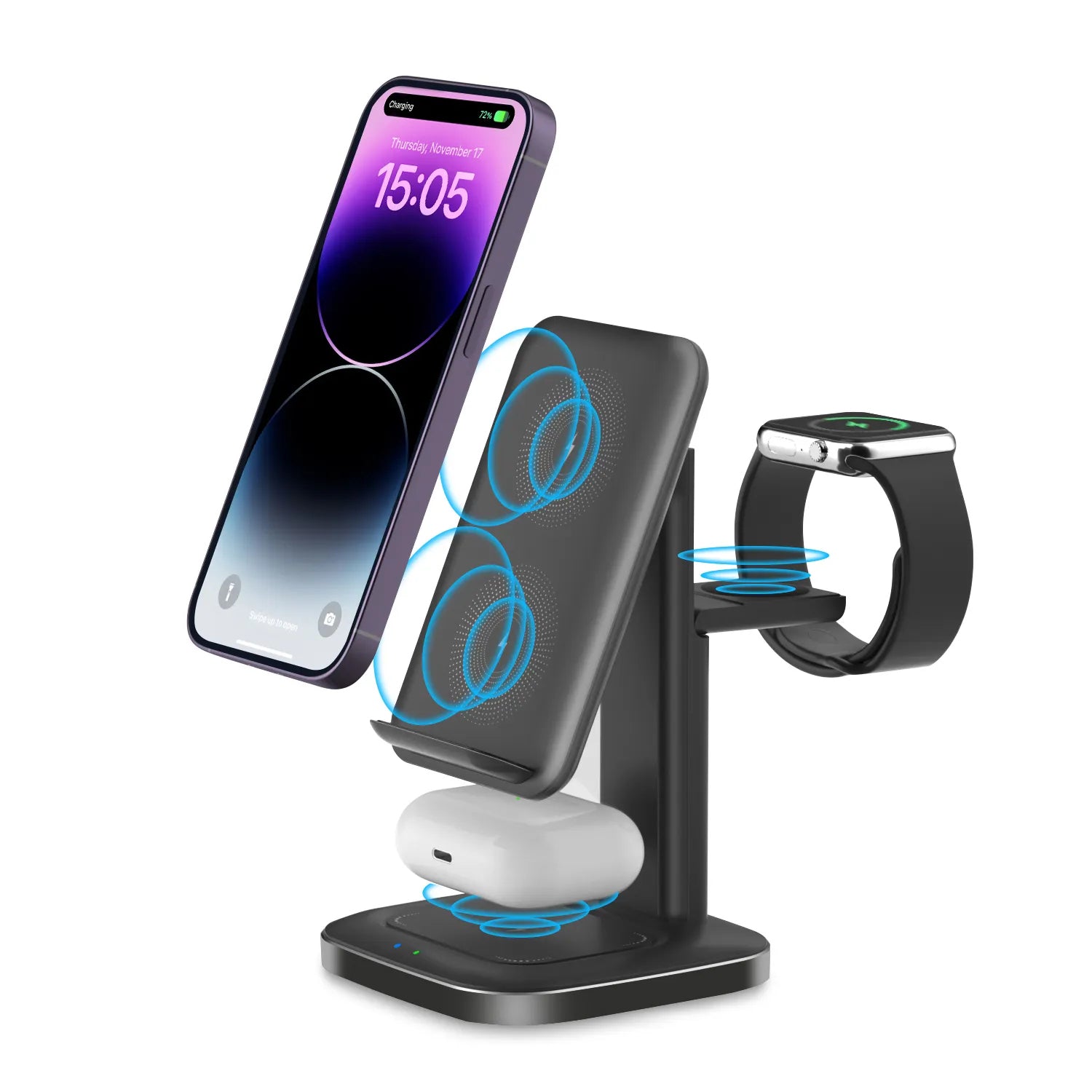 3in1 Charging Station for Smart Phone.Wireless Charging Station for Multiple Devices,Phone and Watch,Earphone Charger Dock with Stand-Black