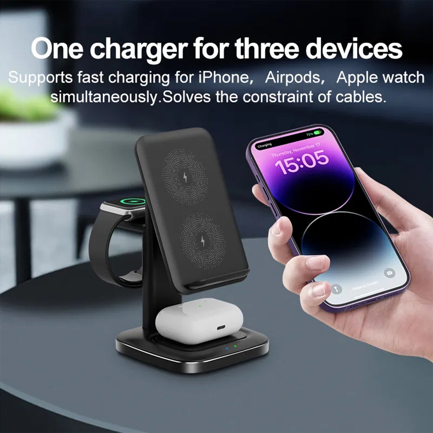 3in1 Charging Station for Smart Phone.Wireless Charging Station for Multiple Devices,Phone and Watch,Earphone Charger Dock with Stand-Black