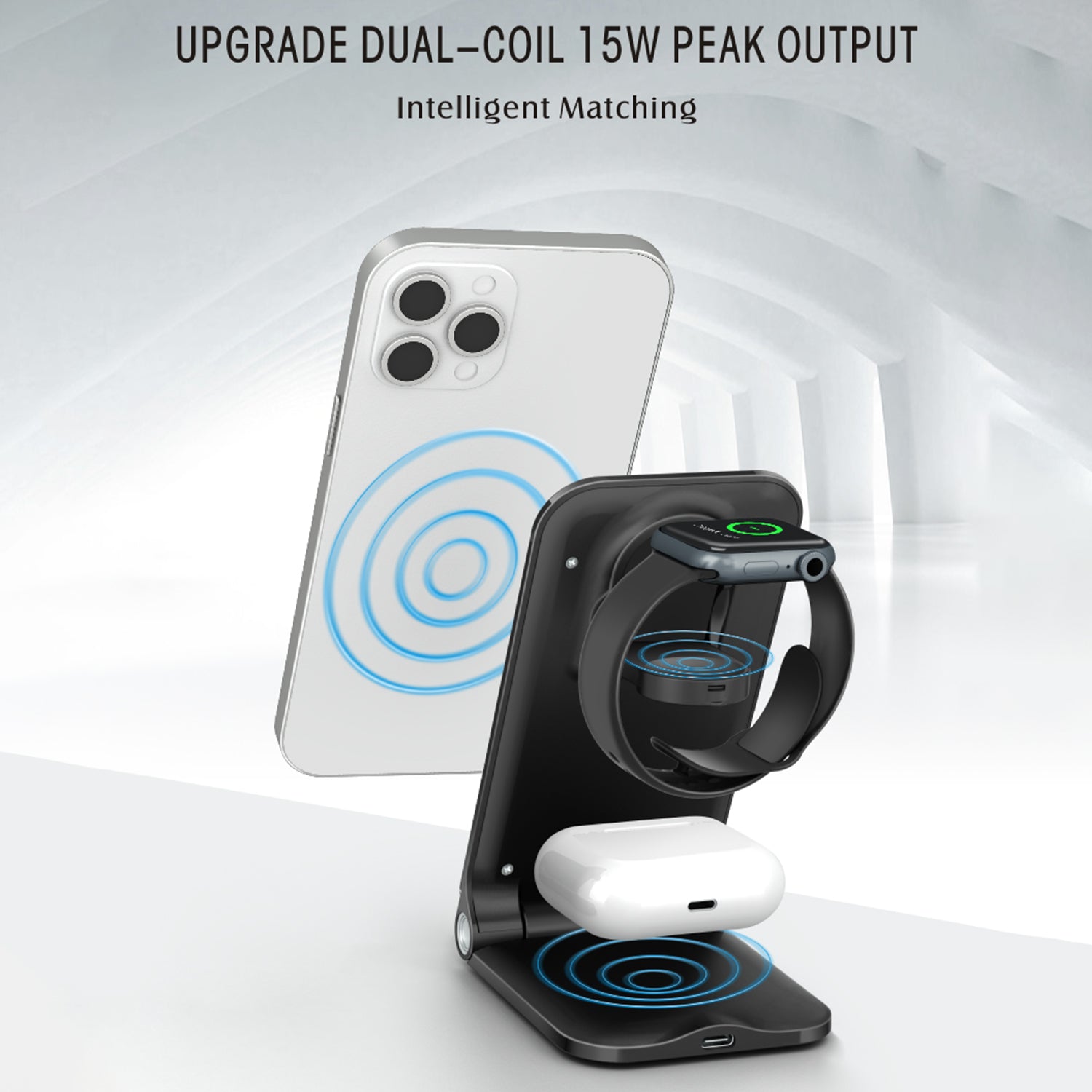 15 W 3 in 1 Wireless Fast Charger - Universal Compatibility, Foldable & Portable Design