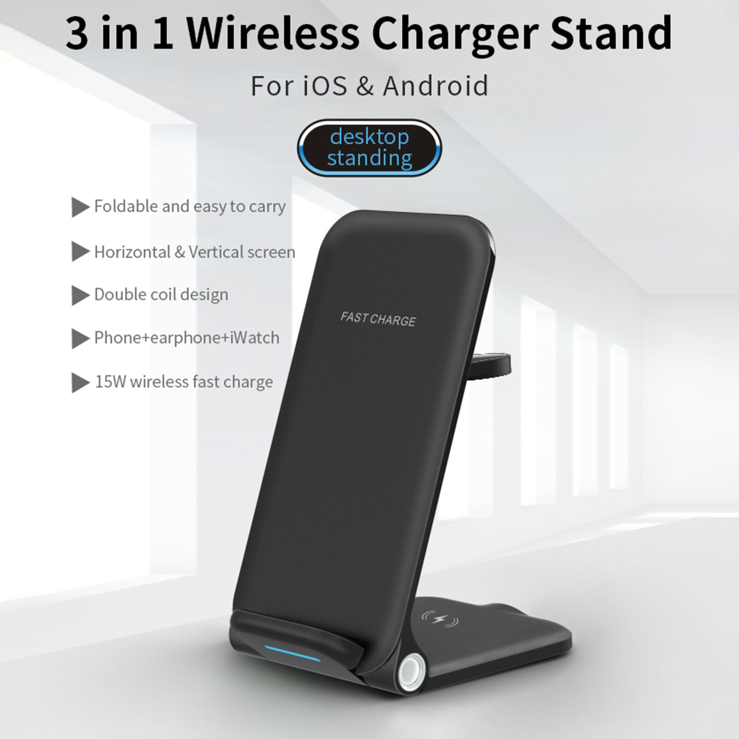 15 W 3 in 1 Wireless Fast Charger - Universal Compatibility, Foldable & Portable Design