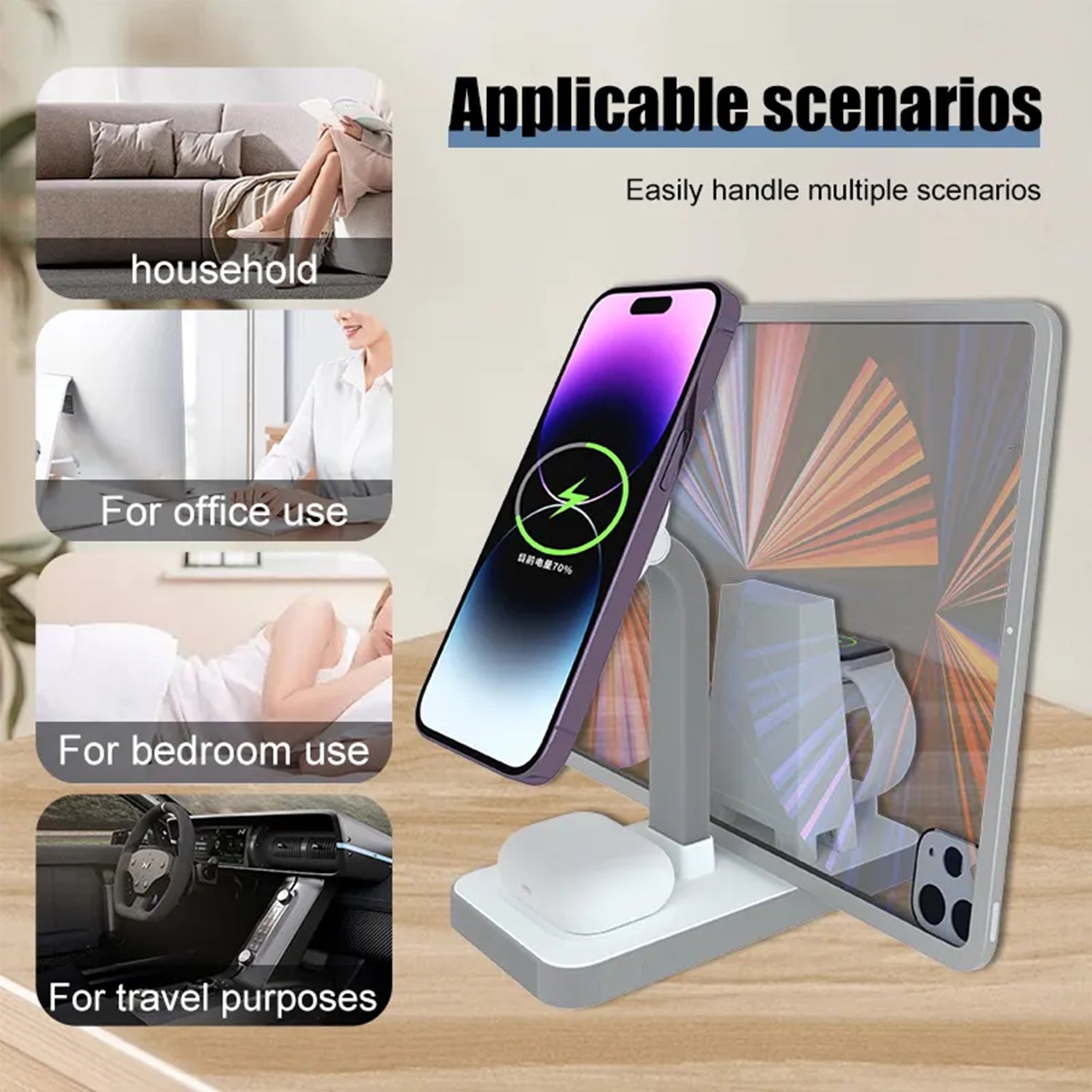 4 In 1 Magnetic Charging Stand Station Dock Multi Wireless Charger Can be used as an iPad stand for New iPhone 15 / iPhone 15 Pro、iPhone 15 ProMax