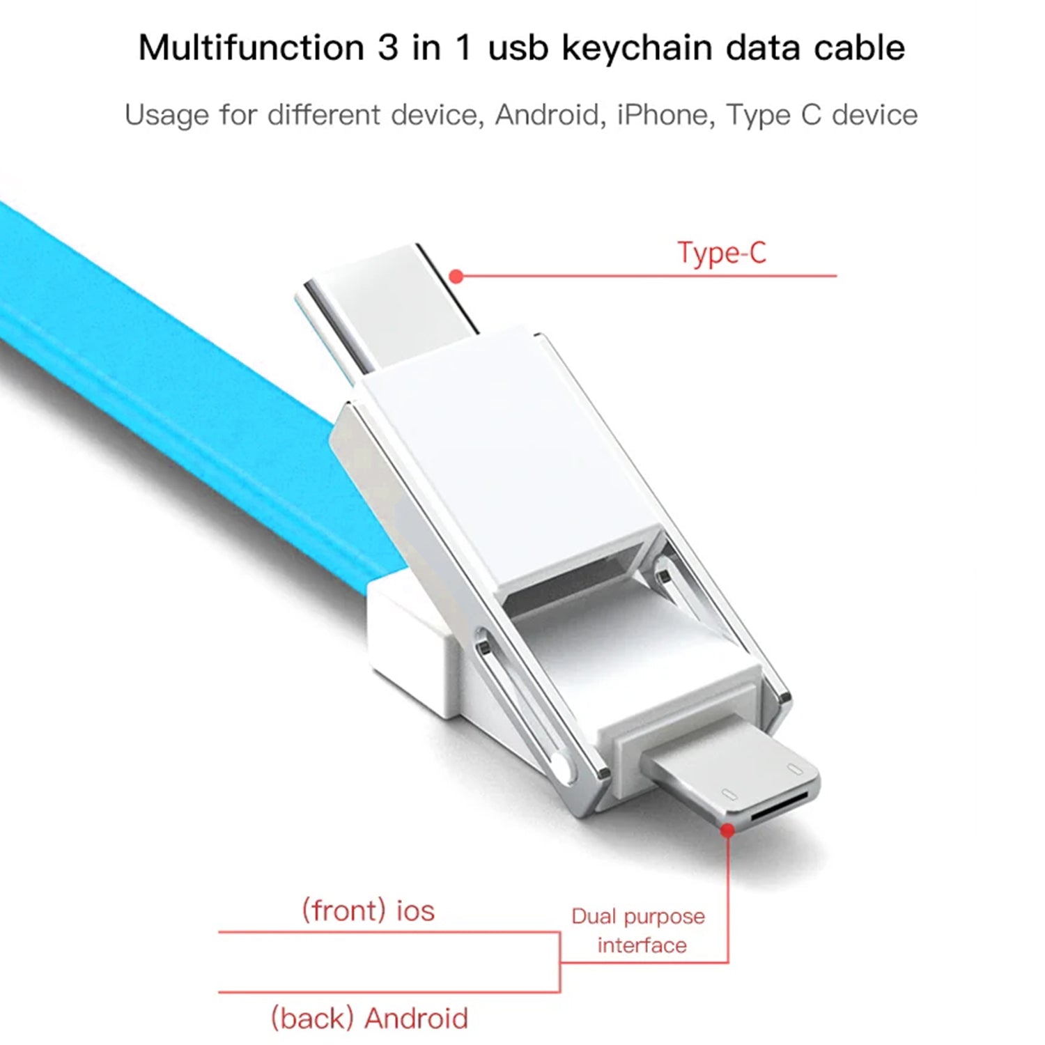 3 in 1 Key Chain USB Charge Cable Micro USB Type C Lighting Charger Cable For iPhone/Samsung/Android
