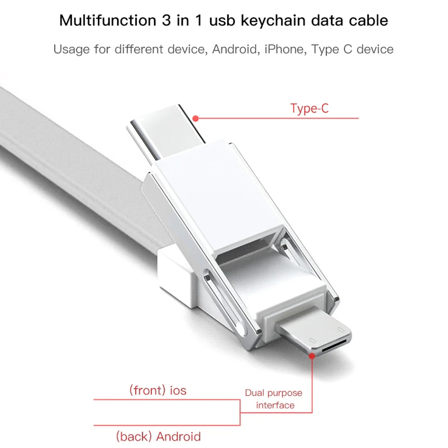 3 in 1 Key Chain USB Charge Cable Micro USB Type C Lighting Charger Cable For iPhone/Samsung/Android