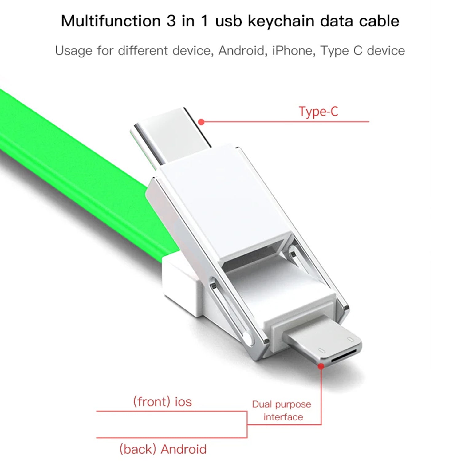 3 in 1 Key Chain USB Charge Cable Micro USB Type C Lighting Charger Cable For iPhone/Samsung/Android