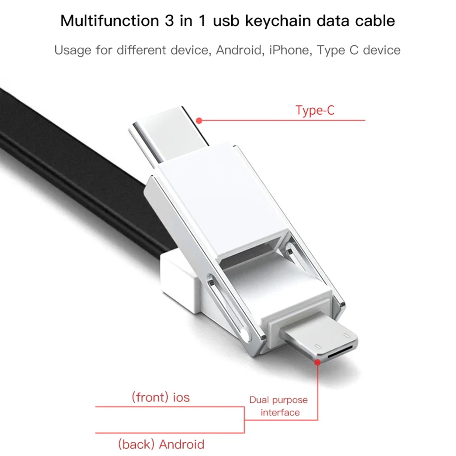 3 in 1 Key Chain USB Charge Cable Micro USB Type C Lighting Charger Cable For iPhone/Samsung/Android