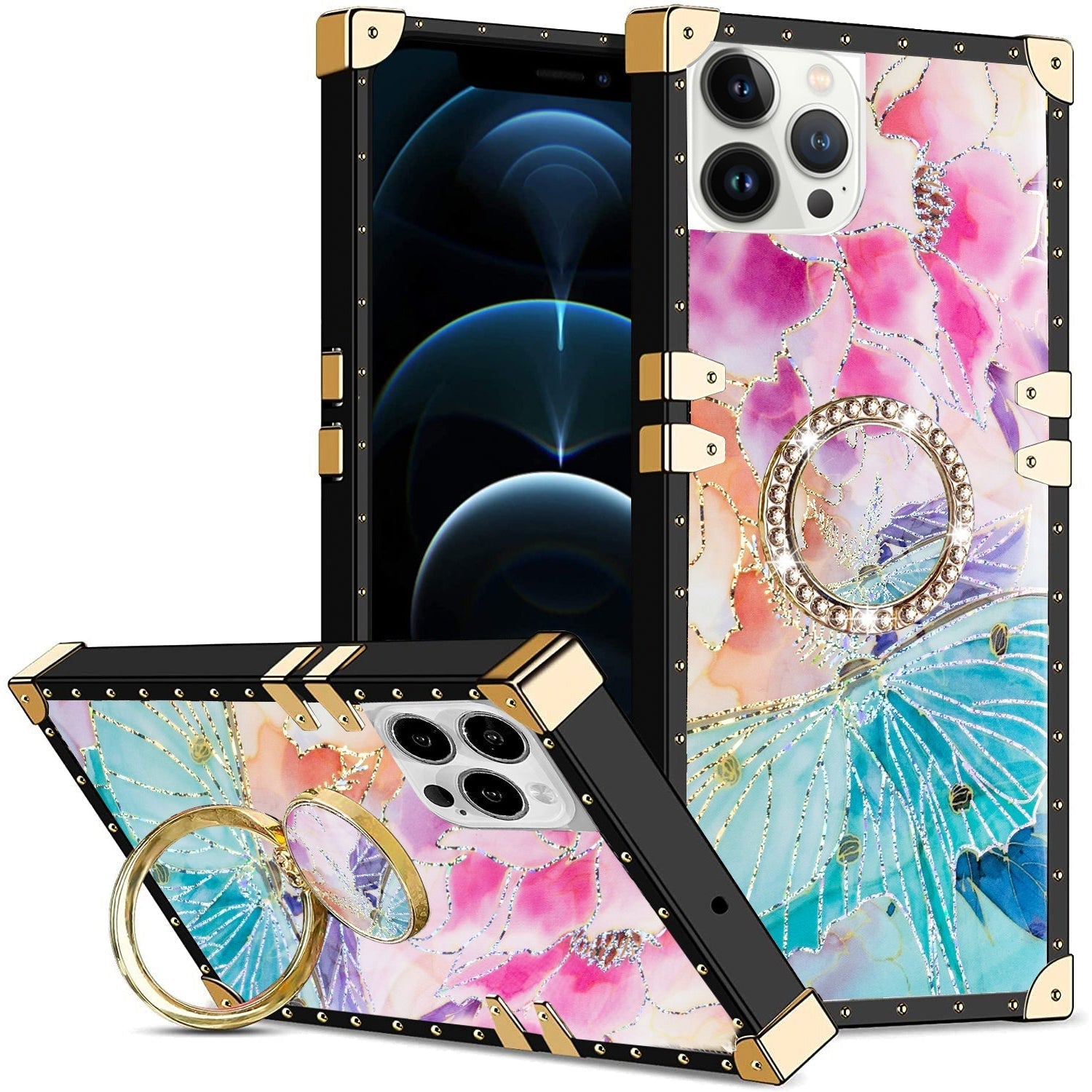 iPhone 14 Pro TPU Luxury Pink Flower Case with Kickstan