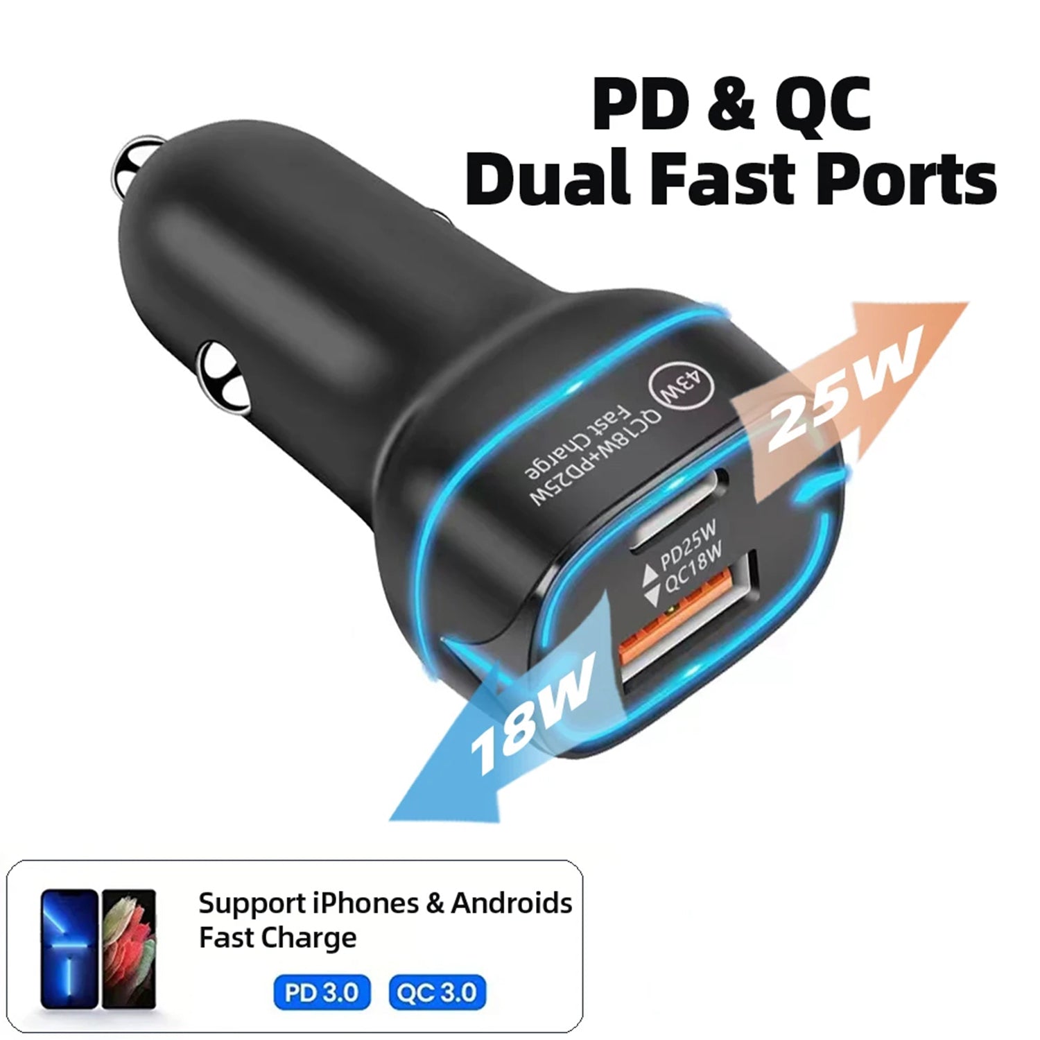 36W Dual Ports (USB3.0+ Type C) Car Adapter for iPhone 13/12/11 and Other Devices - Black