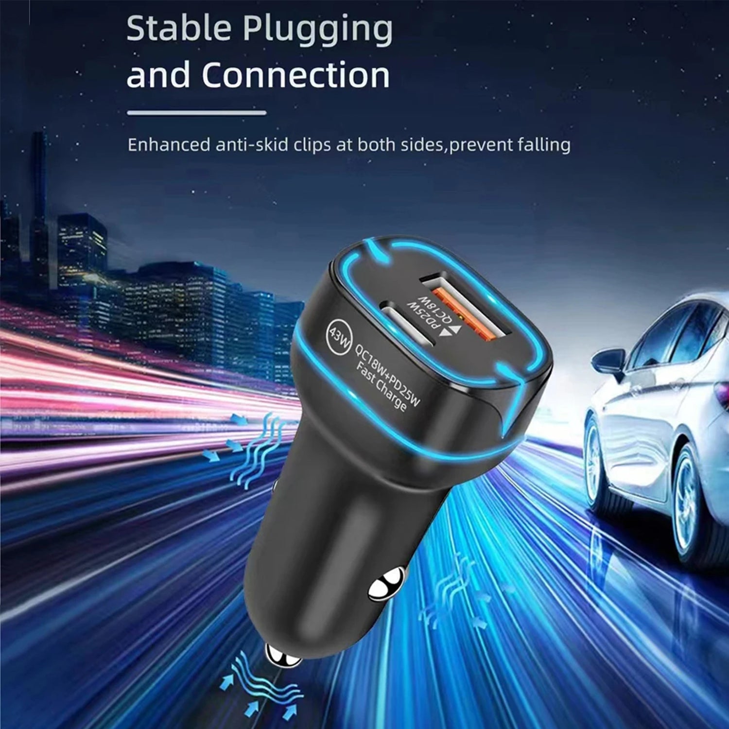 36W Dual Ports (USB3.0+ Type C) Car Adapter for iPhone 13/12/11 and Other Devices - Black