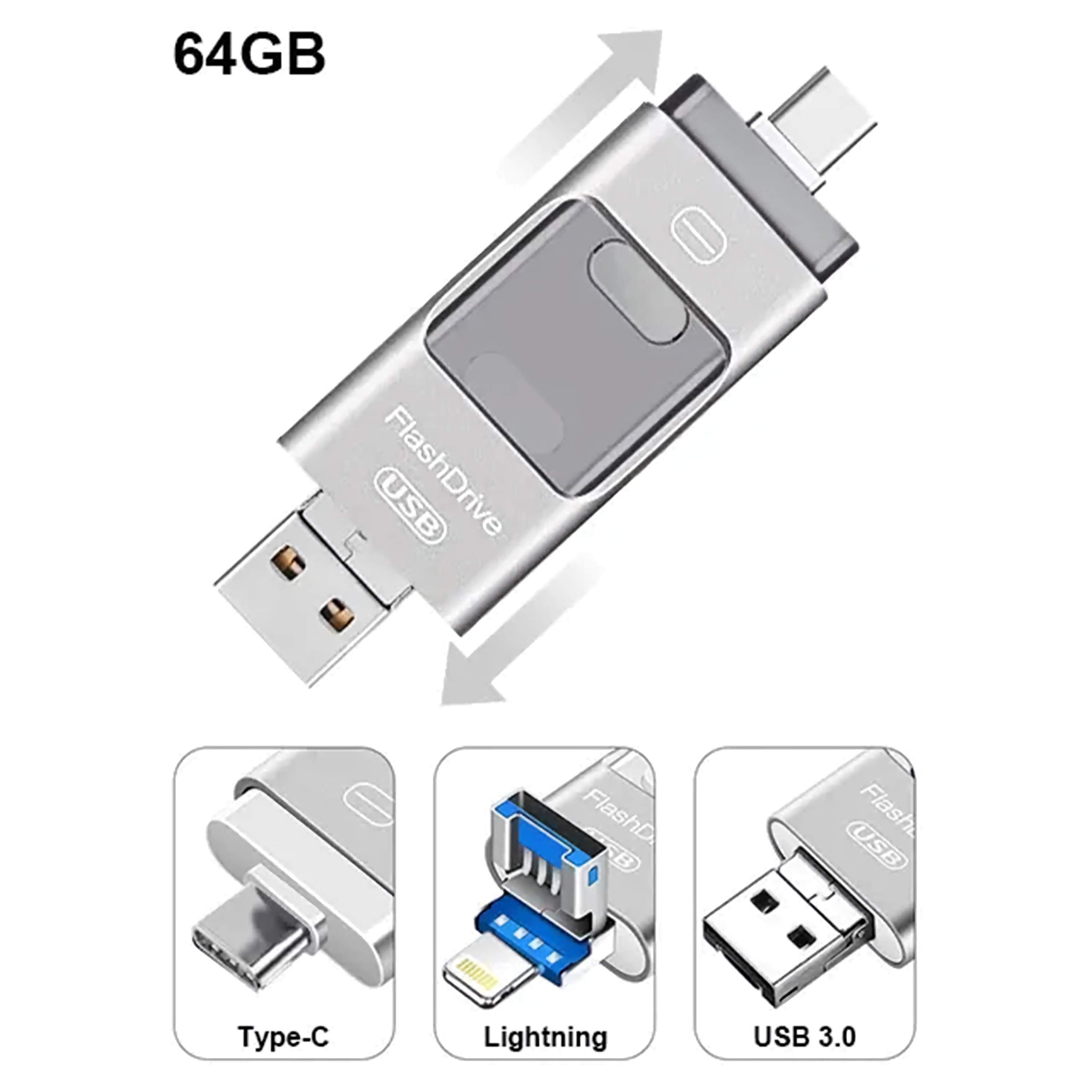 3 in1(Type C & Lightning & USB3.0) i Flash Drive for Apple iOS & Android & Computers (64GB)
