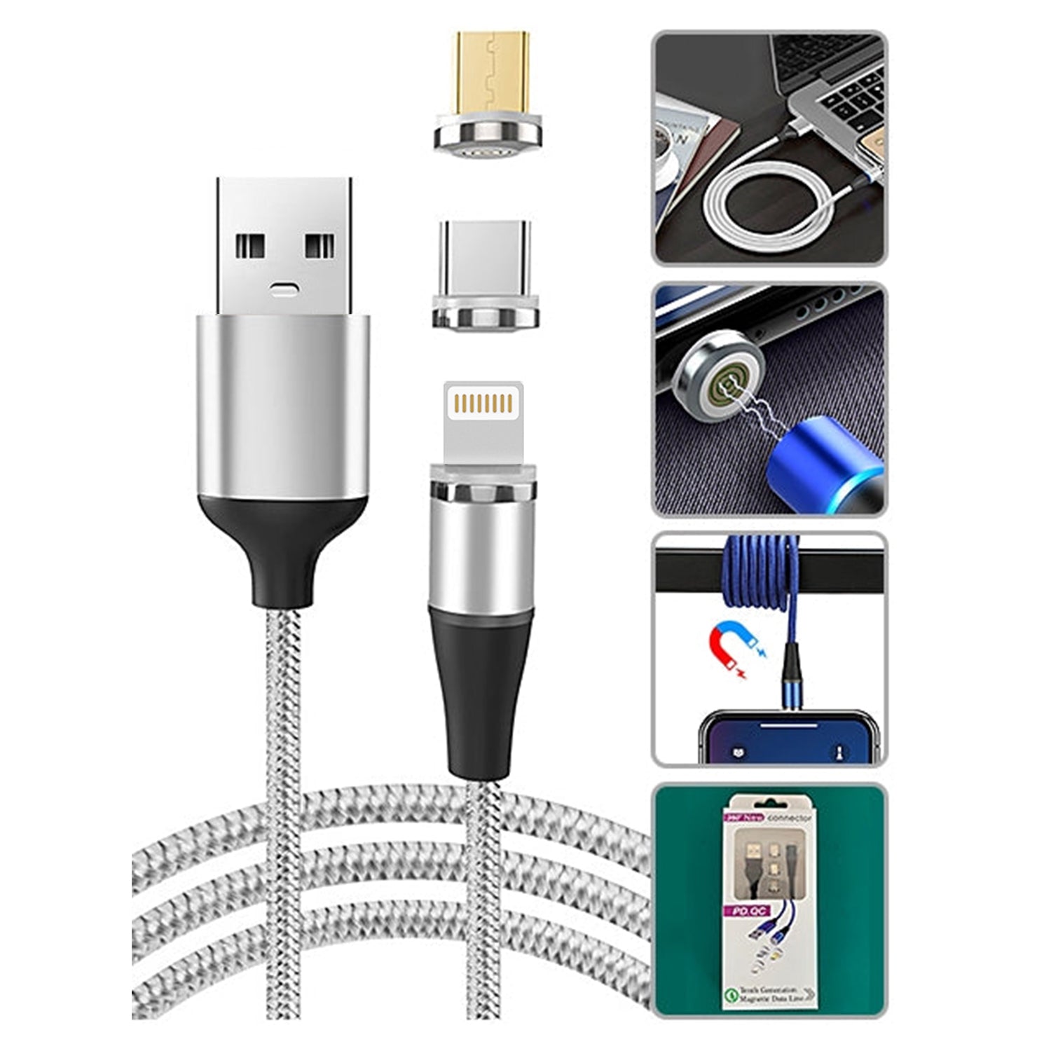 3 in 1 Multi Charging USB Nylon Cable Compatible with Most Smart Phones & Pads (3FT)