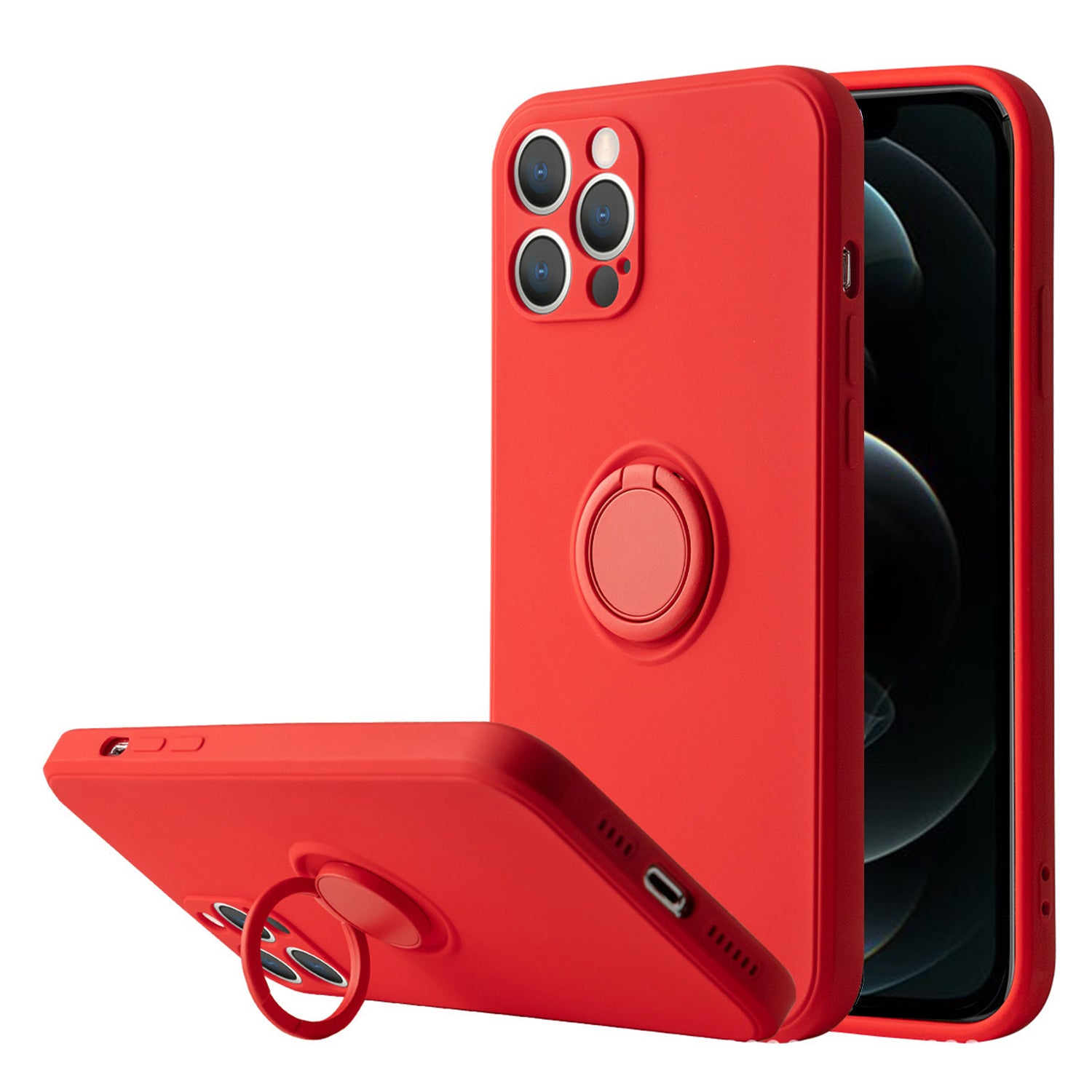 Soft Liquid Silicone Case With Stand Ring Holder For iPhone 12 Pro (6.1") - Red