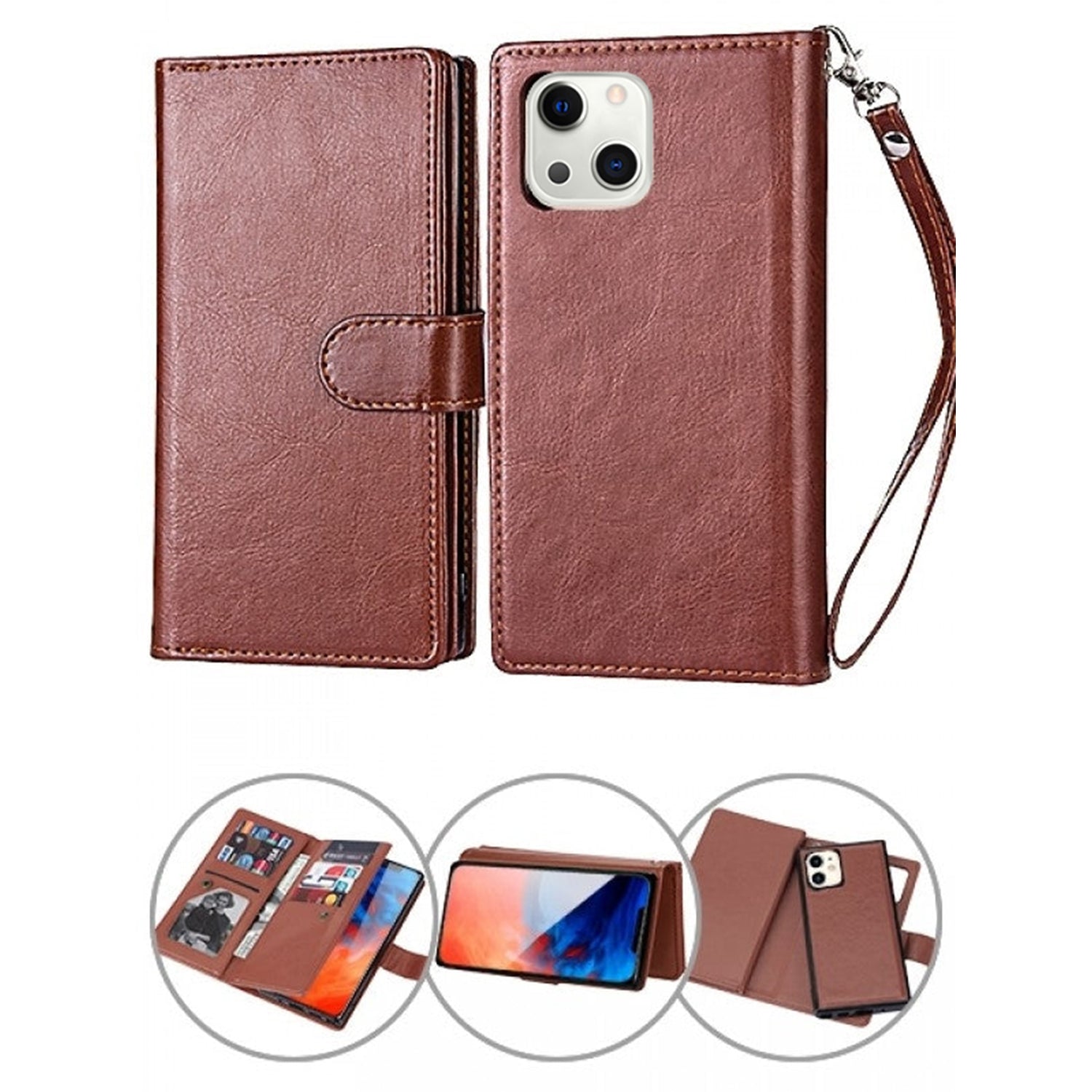 iPhone 13 Mini 2 in 1 Leather Wallet Case With 9 Credit Card Slots and Removable Back Cover 